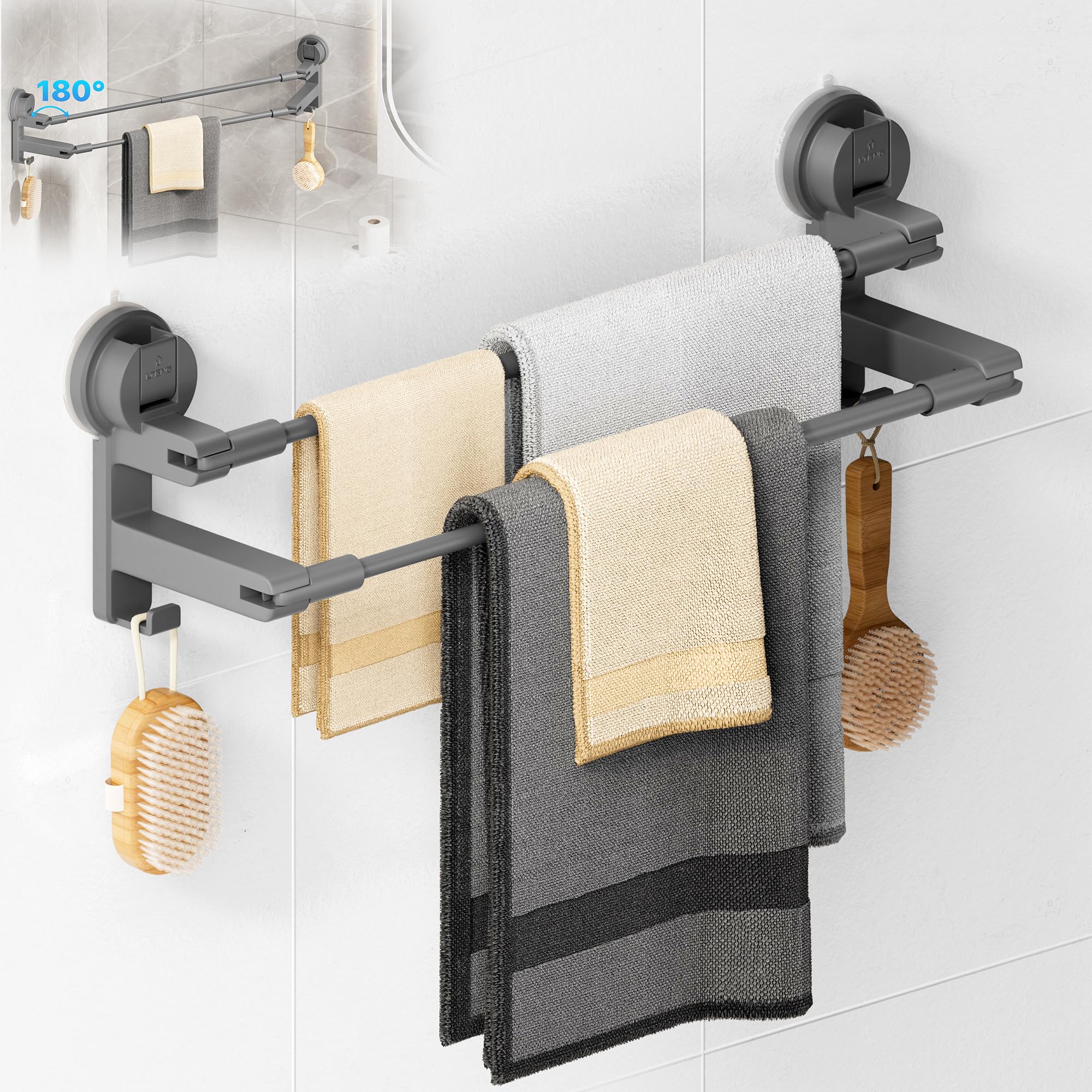 COCASES Toallero con ventosa sin taladrar, barra doble para mampara de ducha sin pegamento, con 2 ganchos para toallas y longitud ajustable para puerta de cocina, color gris oscuro, 41-75 cm