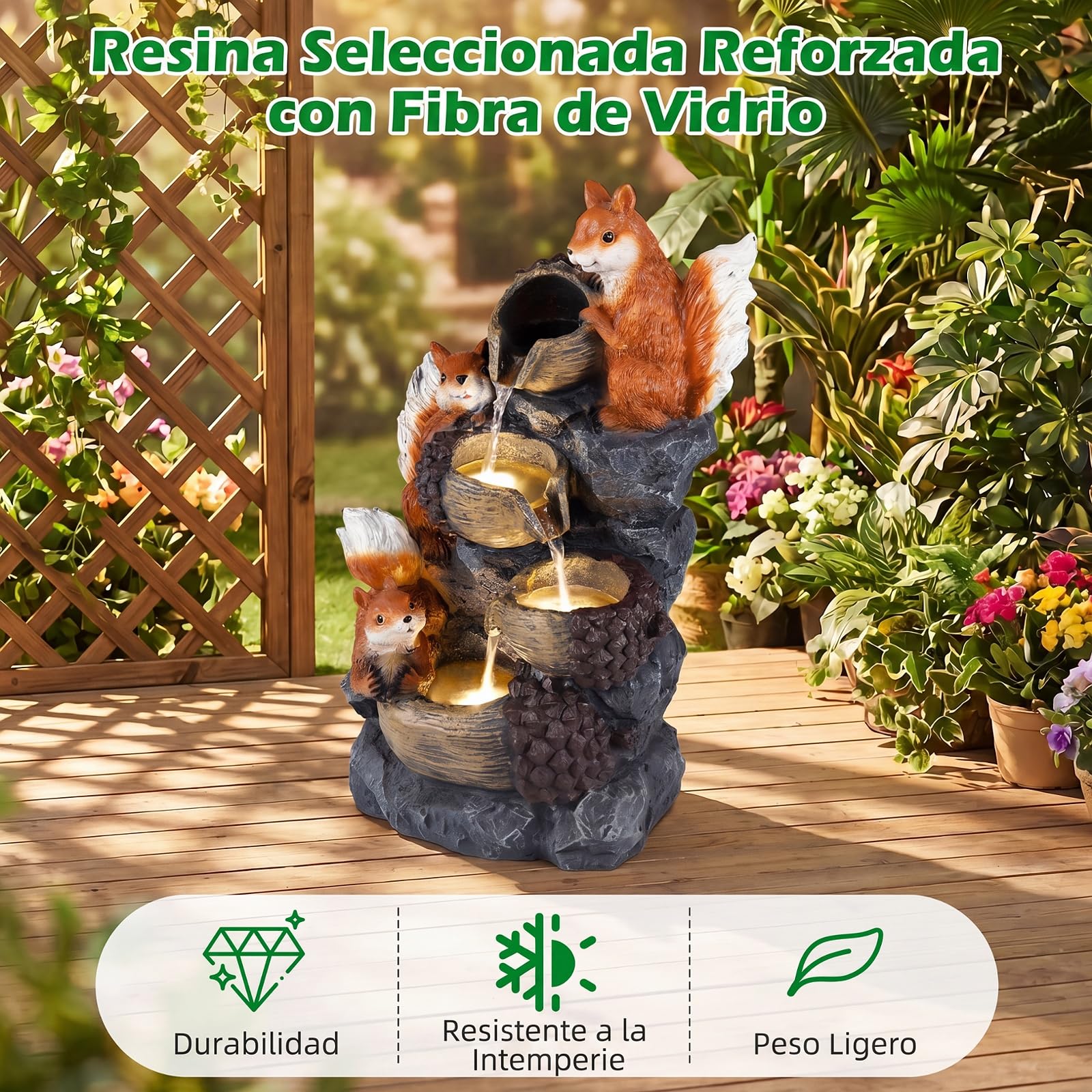 COSTWAY Fuente de Interior y Exterior, Fuente de Agua Decorativa con Iluminación LED, Figuras de Ardillas y Avellanas, Decoración de Resina Relajante para Mesa, Jardín, Patio