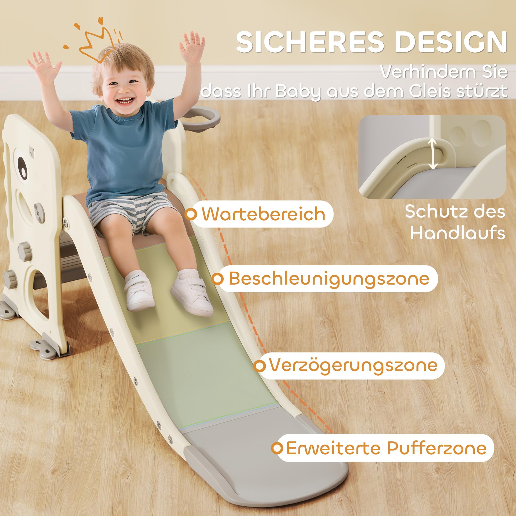 AIYAPLAY Kinderrutsche 3 in 1 klappbar für Kinder 2-5 Jahre Cremeweiß | Kleinkinderrutsche mit Basketballkorb, Rutsche, Klettergerüst, Basketball, Indoor & Outdoor