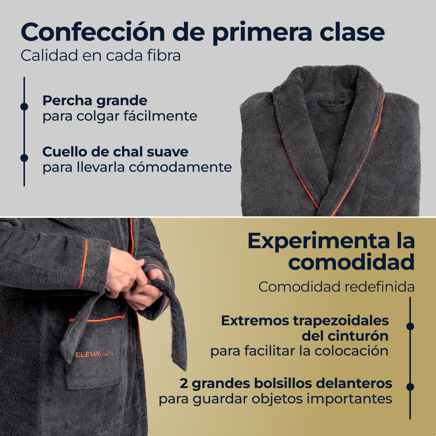 Albornoz de Baño para hombre de Algodón 430 gsm - S/M/L/XL/XXL - Alta Absorción y Certificado OEKO TEX
