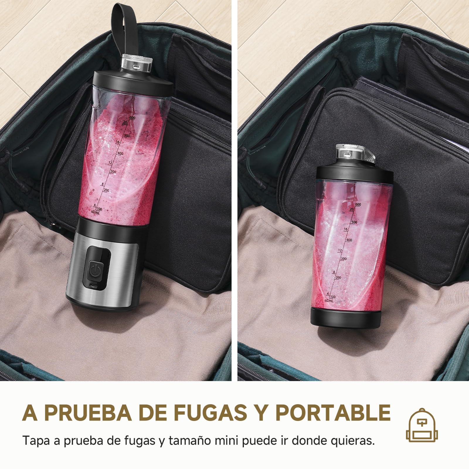 AMZCHEF Batidora portátil de 600 ml – Smoothie Maker con 6 cuchillas, motor de 120 W para llevar, carga rápida a través de USB-C, IPX6 resistente al agua, sin bisfenol A, mini batidora para batidos