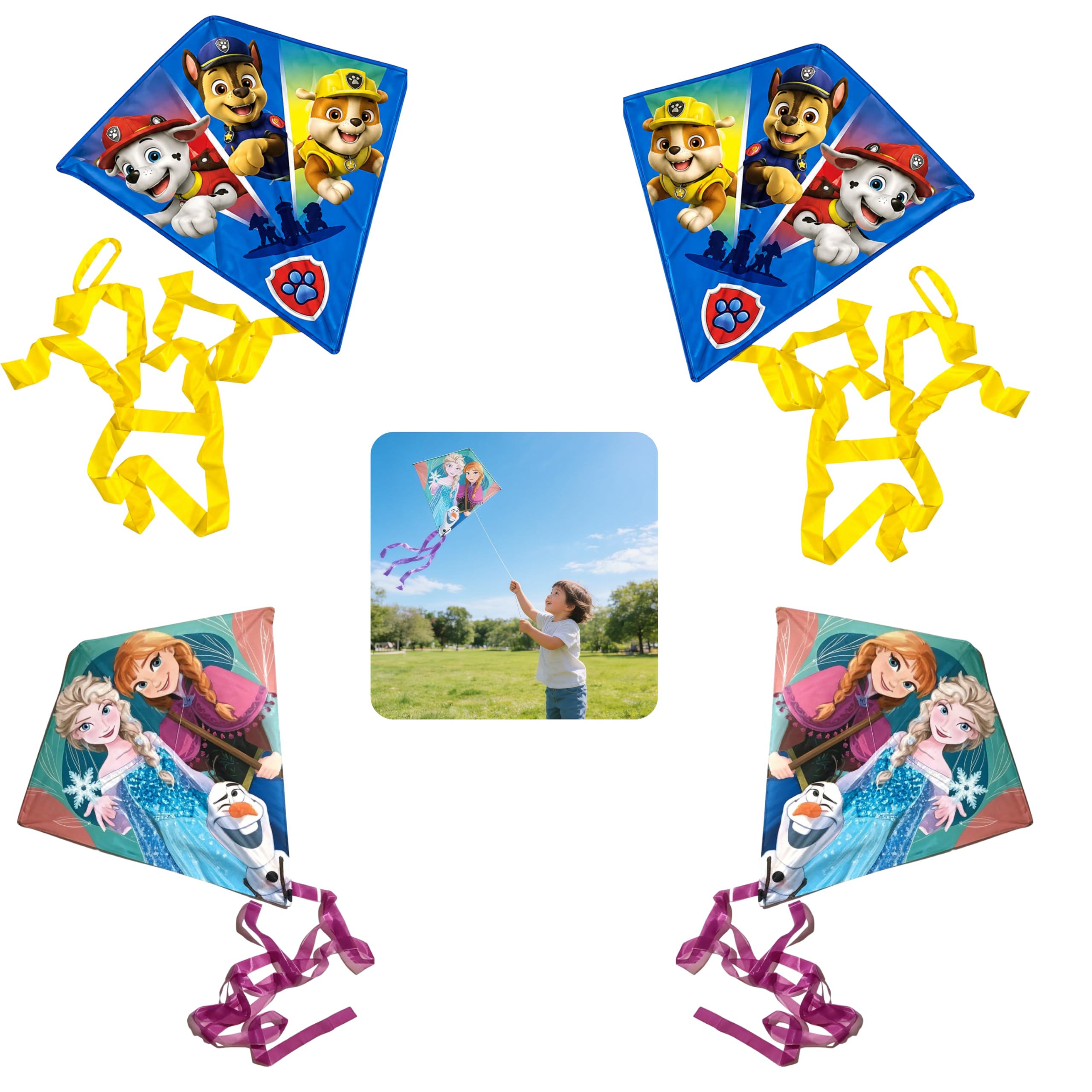 SRV 4pcs Kite Bundle – 2x Paw Patrol & 2x Disney Frozen Character Kites for Kids, Easy Fly Lightweight Ripstop Fabric, Fibreglass Frame, Outdoor Toy 3+, Family Adventure Gift Pack — image 1