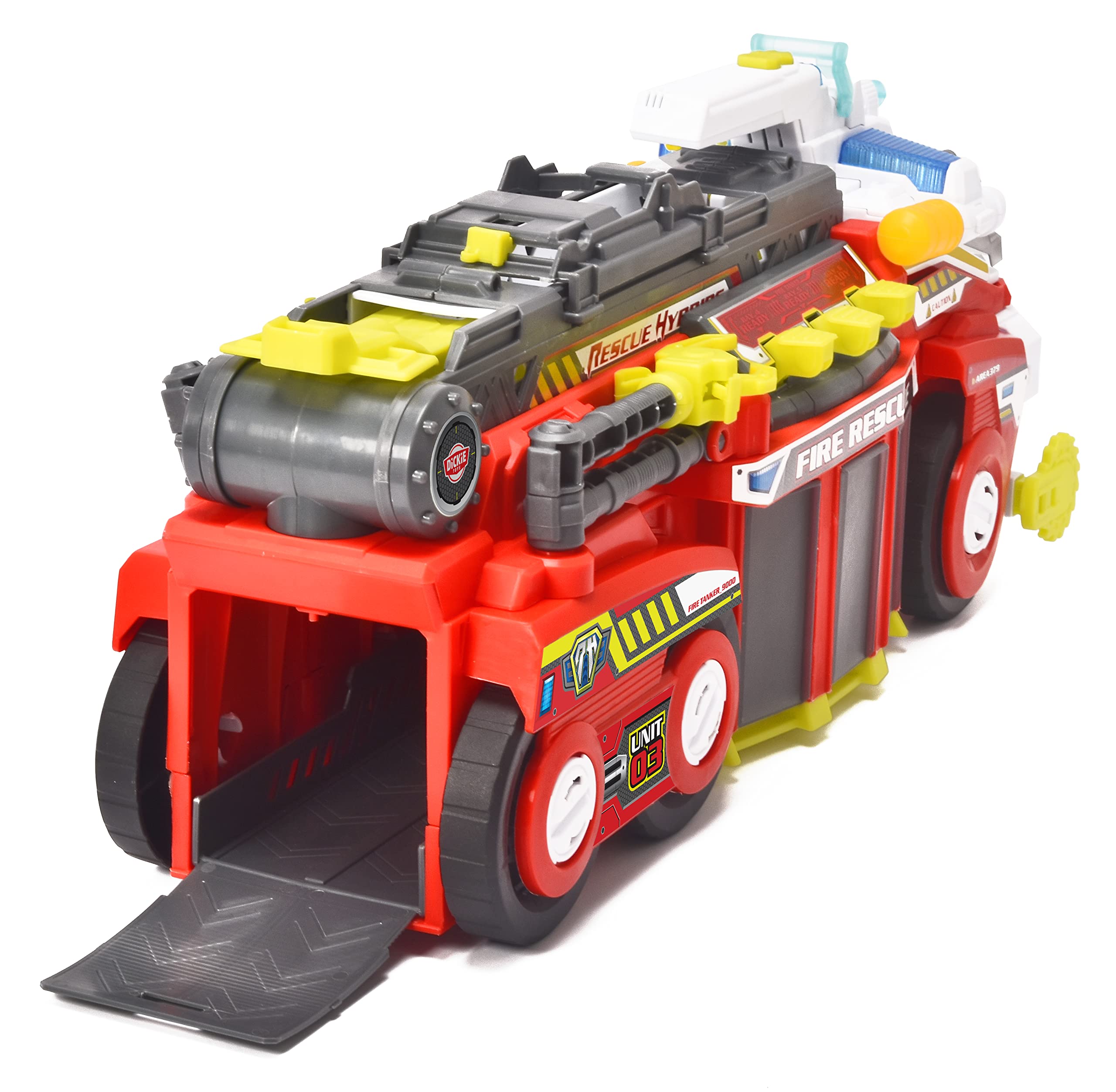Dickie Toys Rescue Hybrids wóz strażacki duży (55 cm) – hybrydowy wóz strażacki dla dzieci z funkcją rozpylania wody, wysuwana drabina, światło i dźwięk + 2 małe pojazdy, cysterna strażacka