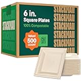 100% Compostable Square Paper Plates 6 inch [500-Pack] Heavy Duty, Eco-Friendly, Biodegradable Bagasse Dinner Plates - Natural Brown 6x6
