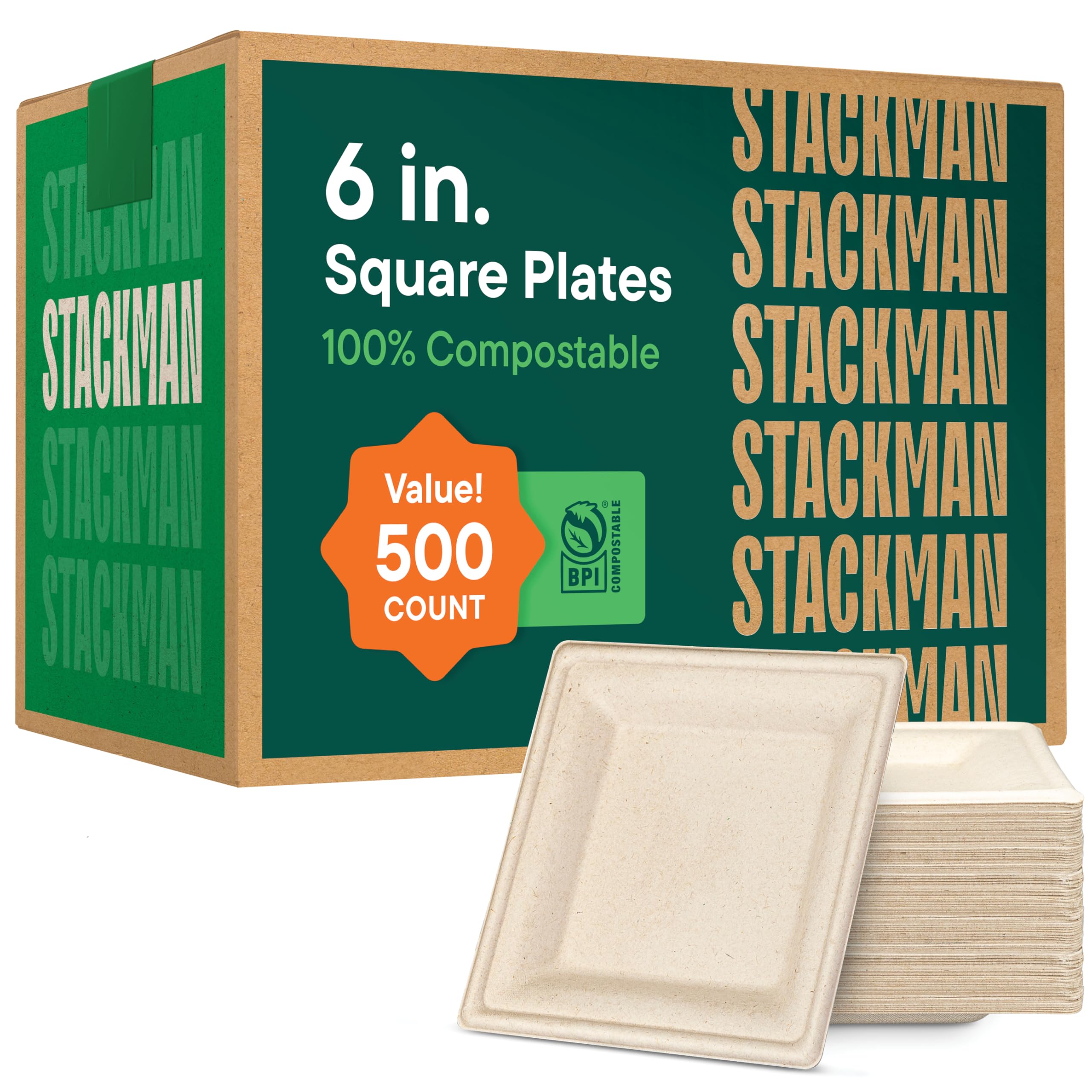 100% Compostable Square Paper Plates 6 inch [500-Pack] Heavy Duty, Eco-Friendly, Biodegradable Bagasse Dinner Plates - Natural Brown 6x6" Plate - (