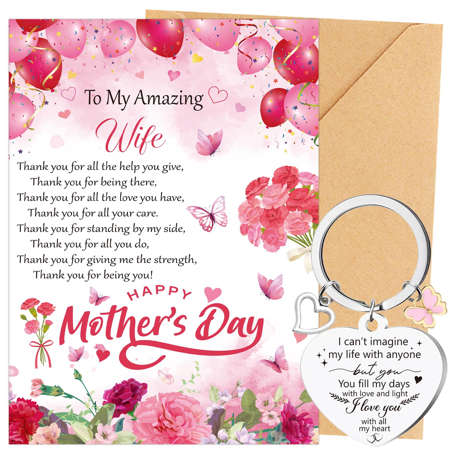 Eiapadeor Wife Mother's Day Card Gift - Happy Mother's Day Greeting Card with Envelope and Keyring Gifts Set for Her Women Wife from Husband — image 1