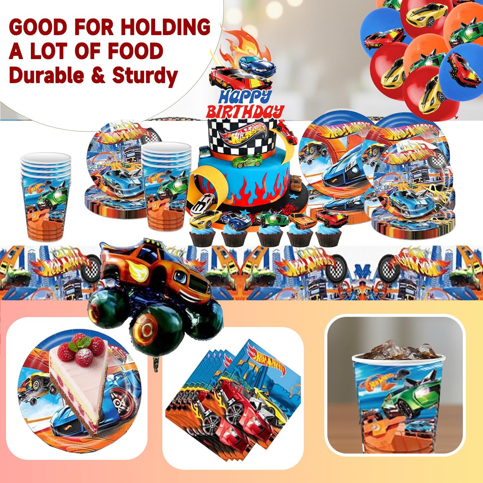 Stoviglie Festa di Compleanno Hot W-hel,Decorazioni Hot W-hel Compleanno,Set Stoviglie Car,Palloncini Forniture