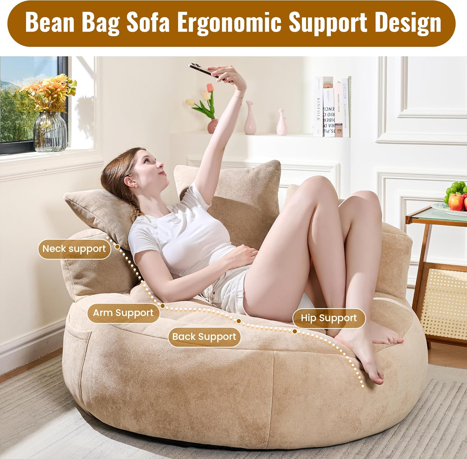 50" Bean Bag Chair with 3 Pillows, Oversized Round Chaise Longue Chair Indoor, No Assembly Couch Ultra Soft Faux Fur Floor Sofa Chair for Living Room, Bedroom Apartment, Office, Khaki