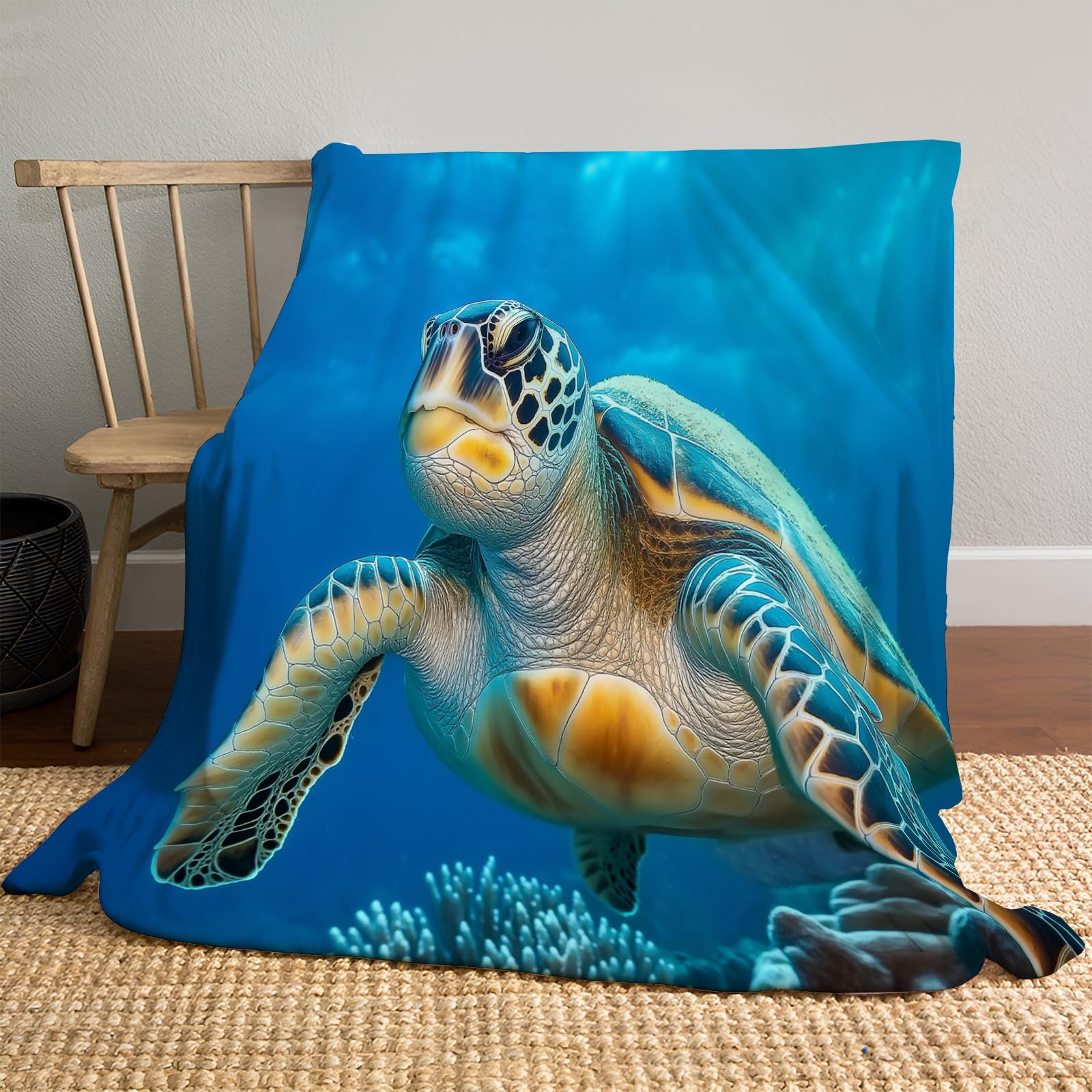 Couverture polaire barrière de corail et tortues marine 130x150cm pour lit et canapé