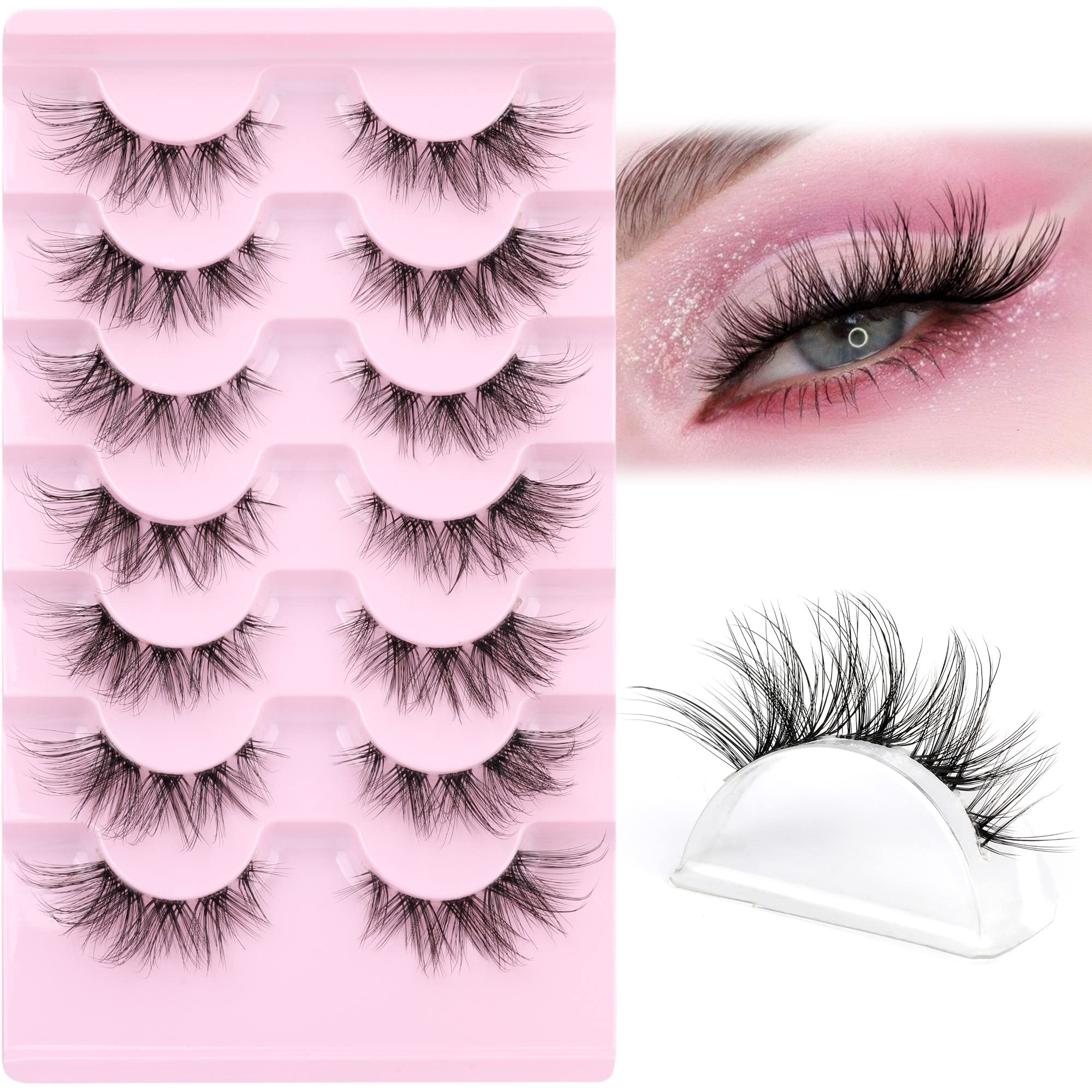 False Eyelashes Wispy Lashes Natural Look Fluffy Lashes Mink Cat Eye Lashes Clear Band Natural Strip Lashes Clusters Asian Fake Eyelashes Pack by GVEFETIEE 7 Pairs