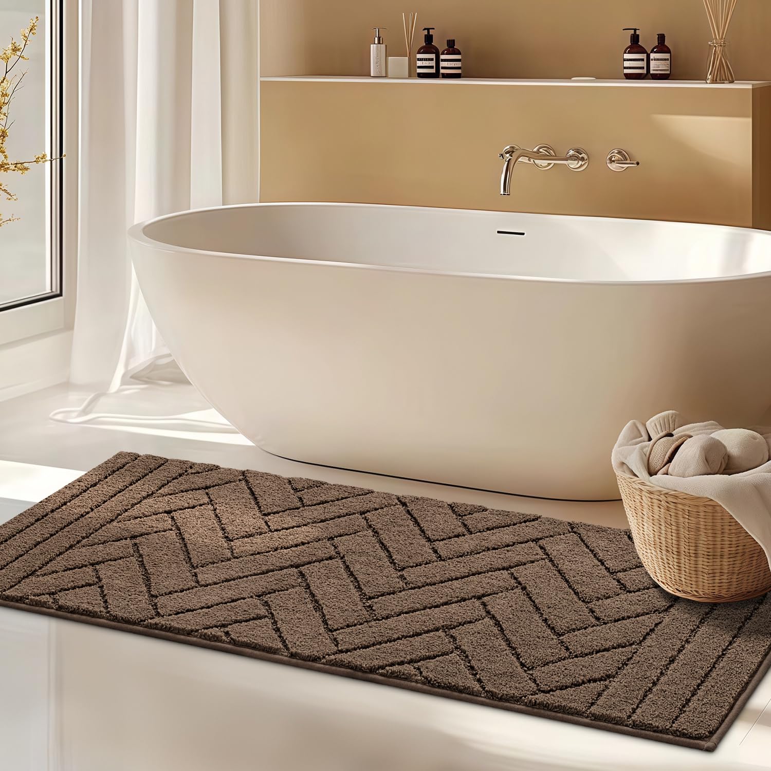 Biscpro Badematte Lang Badezimmerteppich rutschfeste 50x120cm,Weich Wasserabsorbierend Badematte Waschbar Badvorleger für Dusche-Latte