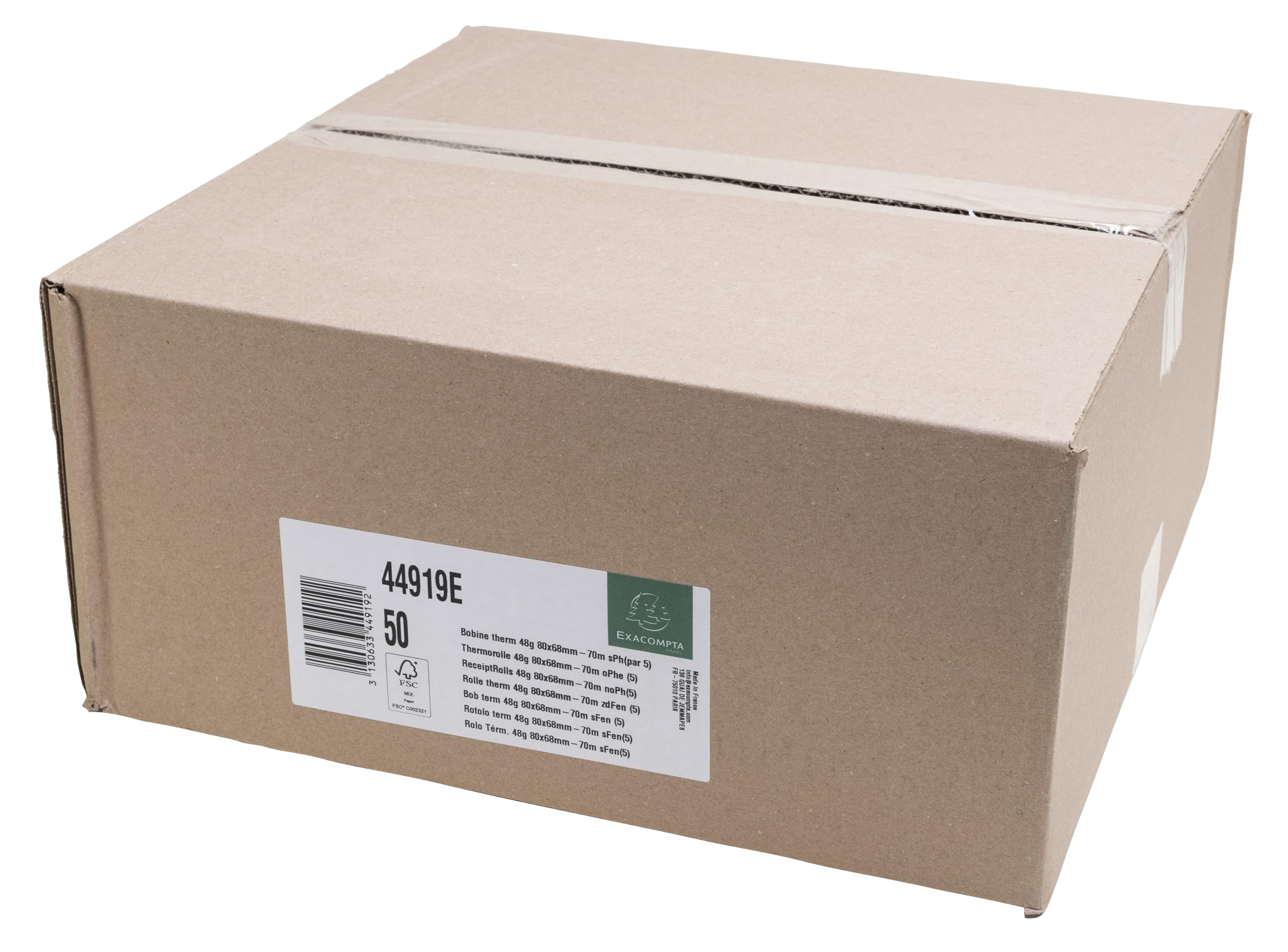 Exacompta - Réf. 44919E - Carton de 50 bobines pour tickets de caisse 80x68mm - 70m - 1 pli thermique 48g/m2 sans Phenol - Blanc