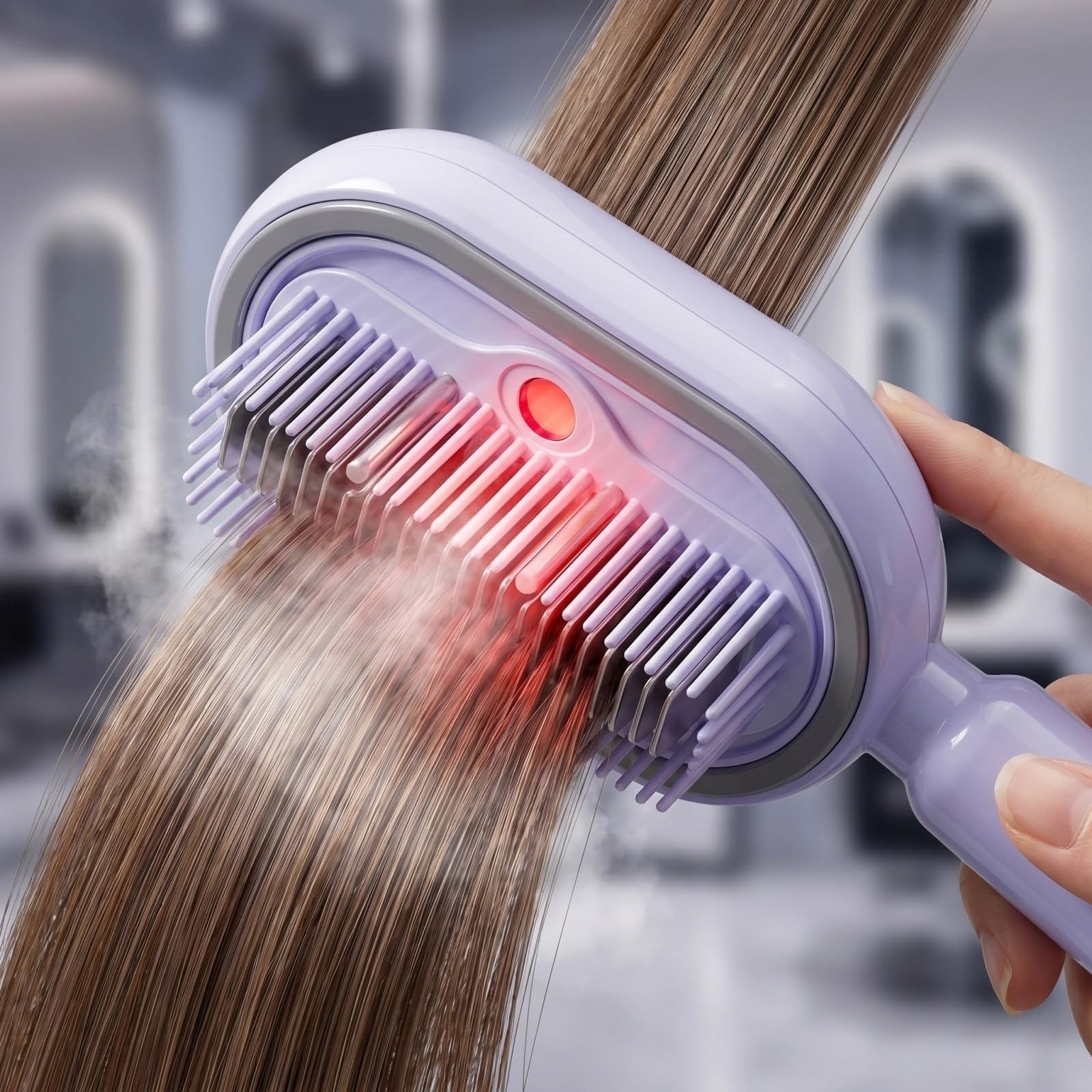 Cepillo de vapor eléctrico para cabello, alisador antiencrespamiento con pulverizador, masajeador capilar, kit completo 3 estilos，morado
