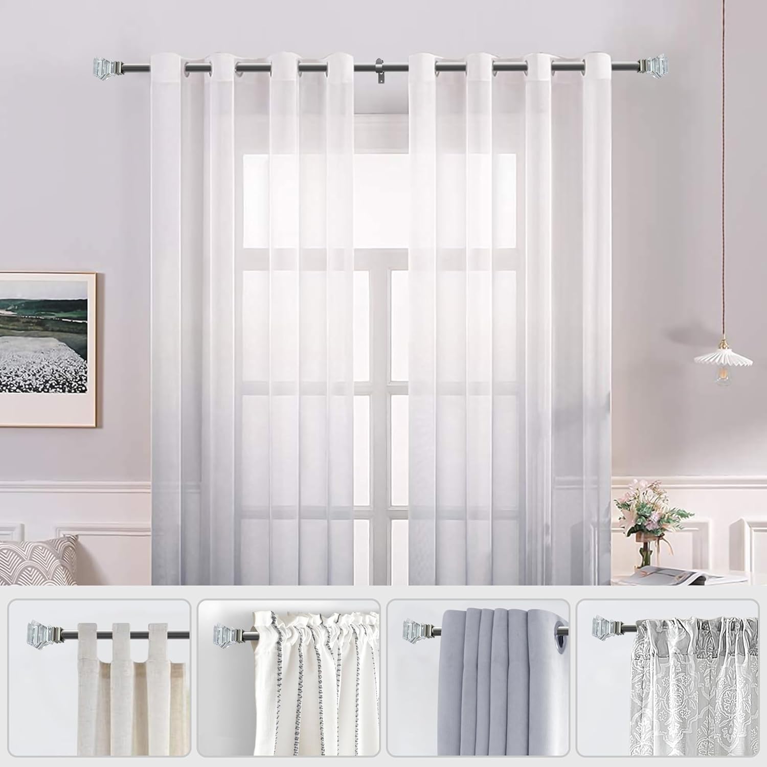 1 inch Curtain Rods for windows 36 to 72" with Square Crystal Diamond Finials, Single Rod Adjustable Curtain Rod(Antique nickel)
