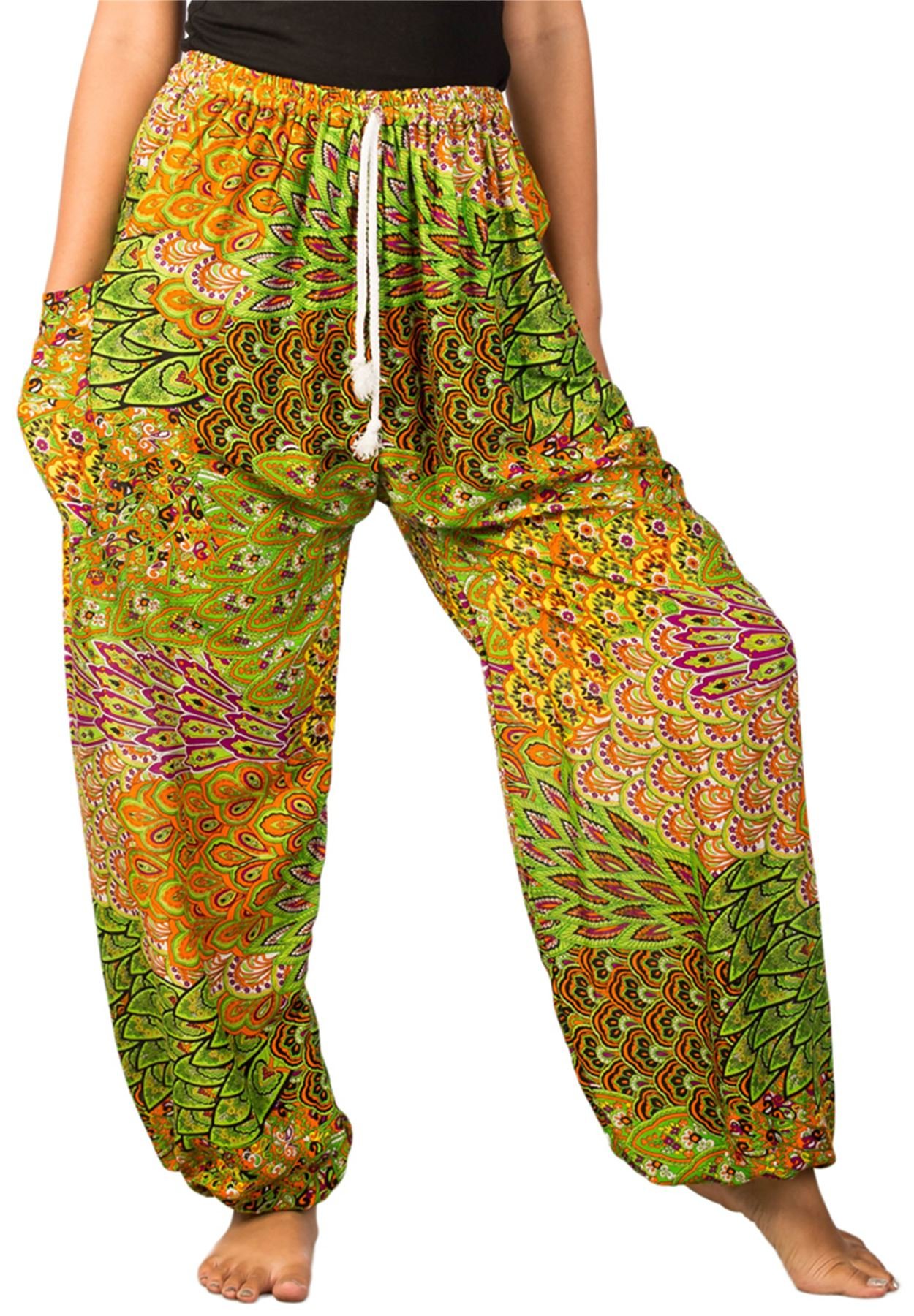 Lofbaz Women's Peacock Drawstring Harem Boho Pants Light Green 3XL