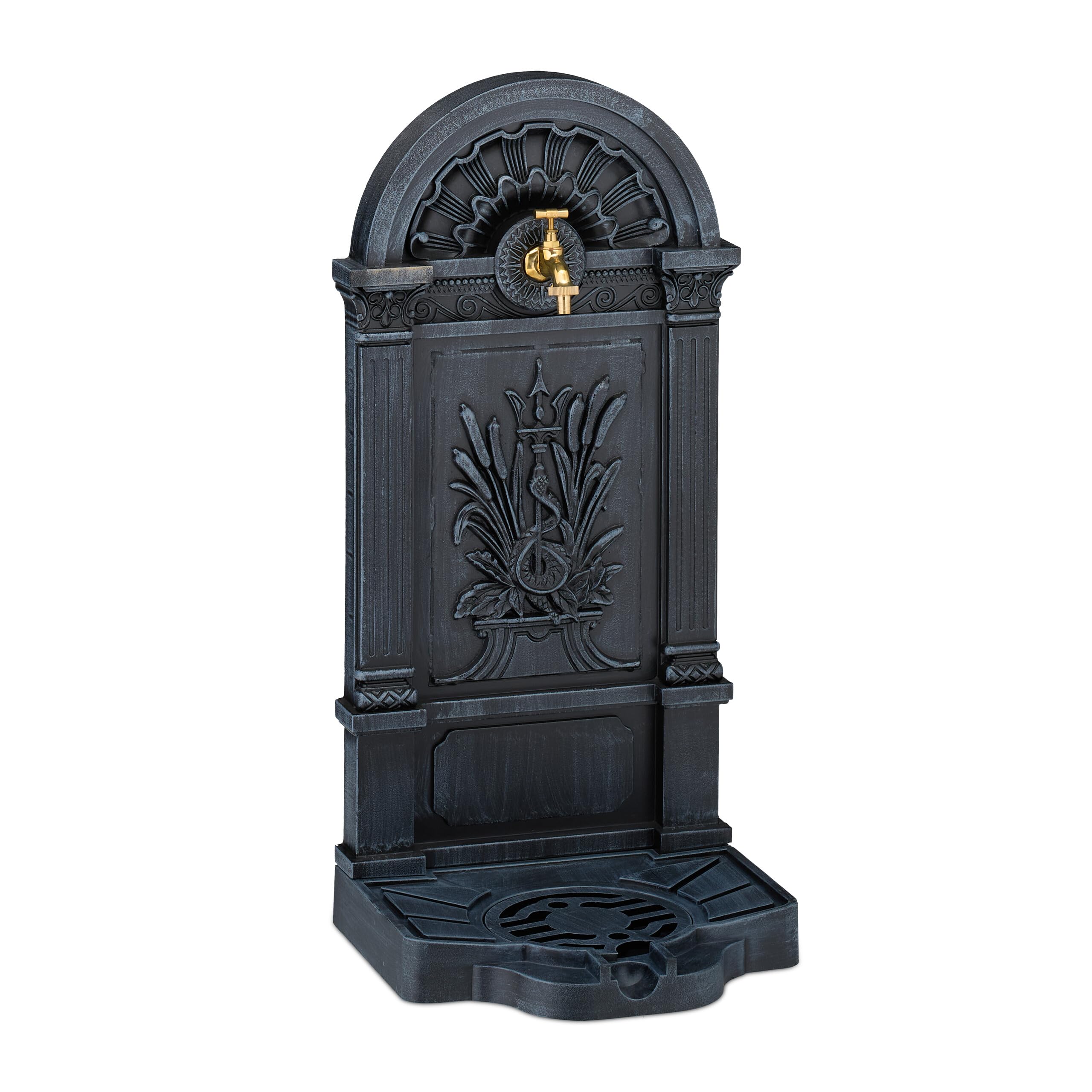 Relaxdays Grey Standing Water Fountain, Antique-Style, Hwd: 82.5 X 32 X 33, Nostalgic, Garden Decoration, Tap, Basin,