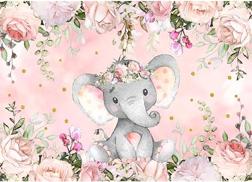 7x5ft Girl Elephant Backdrop for Baby Shower Decorations Gender Neutral Pink Flower Elephant Photography Background Elephant Theme Baby Shower Birthday Party Photoshoot Backdrops L1152B
