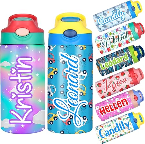 Botella de agua personalizada para niños, niñas, niños, botellas de agua personalizadas de 12 onzas con nombre y tapa de pajilla, tazas de acero