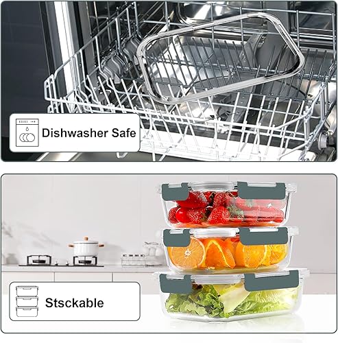 Miniatura 5 de VERONES Paquete de 10 recipientes de vidrio para preparación de comidas, recipientes herméticos de vidrio para el almuerzo, recipientes apilables de