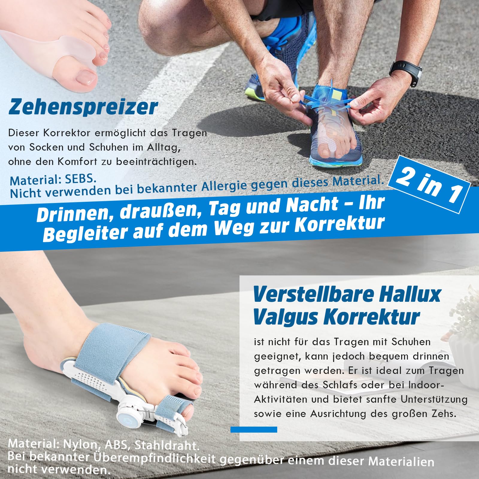 Hallux Valgus Korrektur Set für Damen und Herren, Verstellbarer Hallux Valgus Schiene und 2 Silikon Zehenspreizer für Daumen, Reduziert Hallux Valgus Belastung für Tag und Nacht,2 Paar
