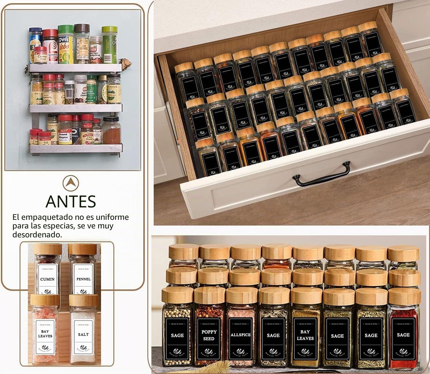 Danillous Juego de 24 tarros de especias cilíndricos con tapa de bambú, frascos de especias con inserto de dispersión, etiquetas preimpresas, elegantes pegatinas blancas y negras (180 nombres de