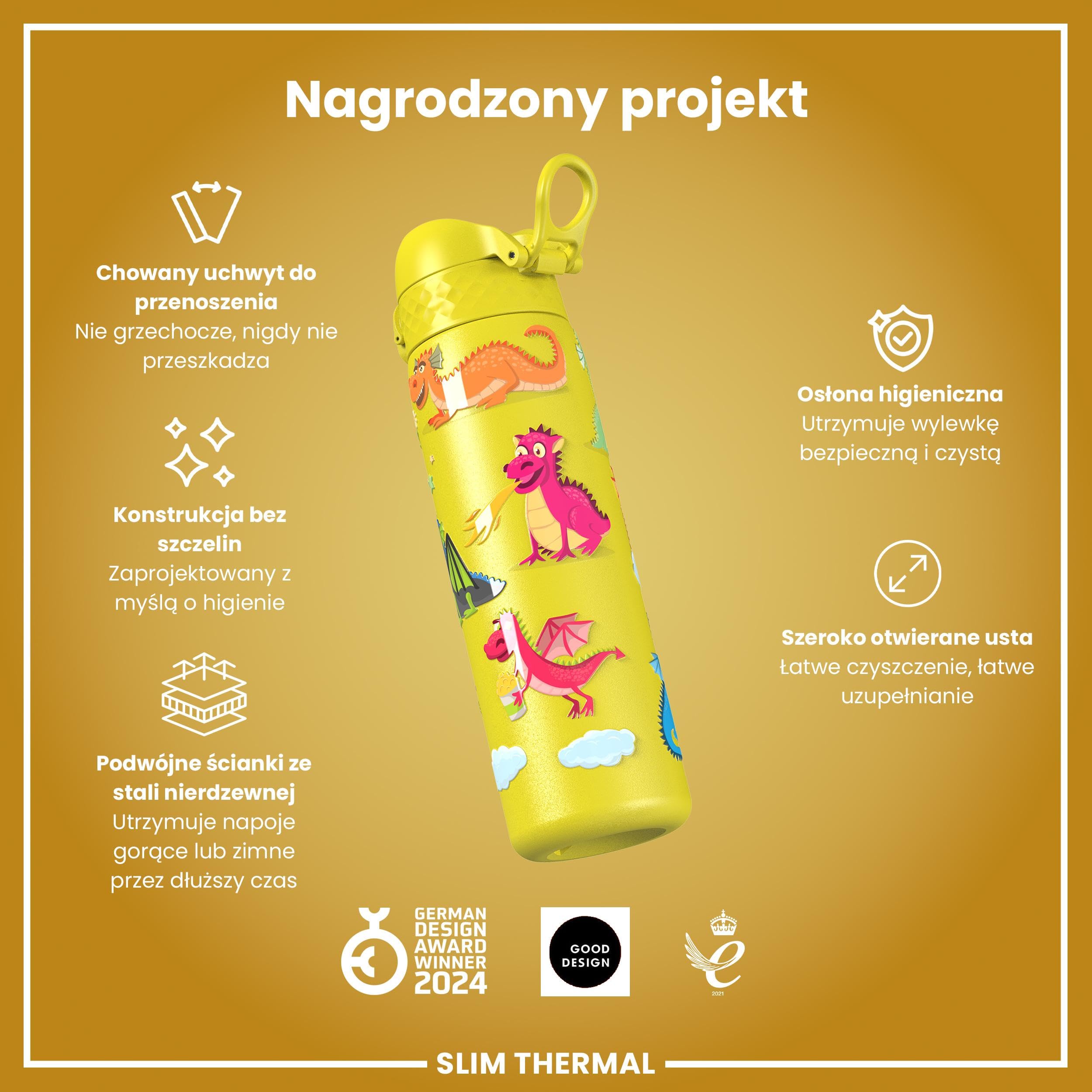 ION8 Termoizolowana Butelka na Wodę, Stali Nierdzewnej, 500 ml/18 oz, Szczelna, Łatwa w Otwieraniu, Bezpieczny Zamek, Można Myć w Zmywarce, Uchwyt do Przenoszenia, Metalowa Butelka, Smoki