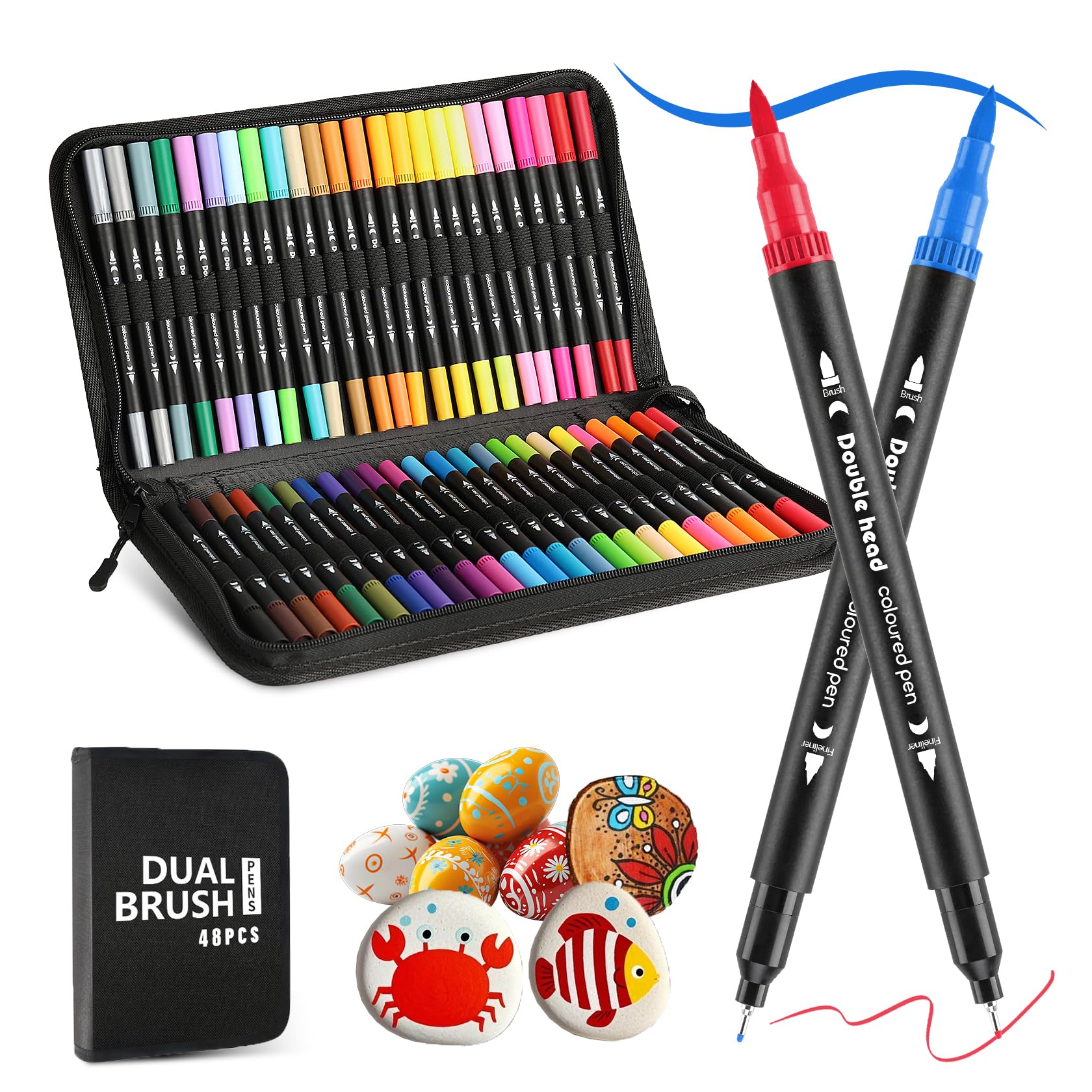 Marcadores de doble punta para libros de colorear para adultos, sin sangrado, juego de 48 marcadores lavables de colores, pincel y marcadores de punta fina para colorear, dibujar, diario