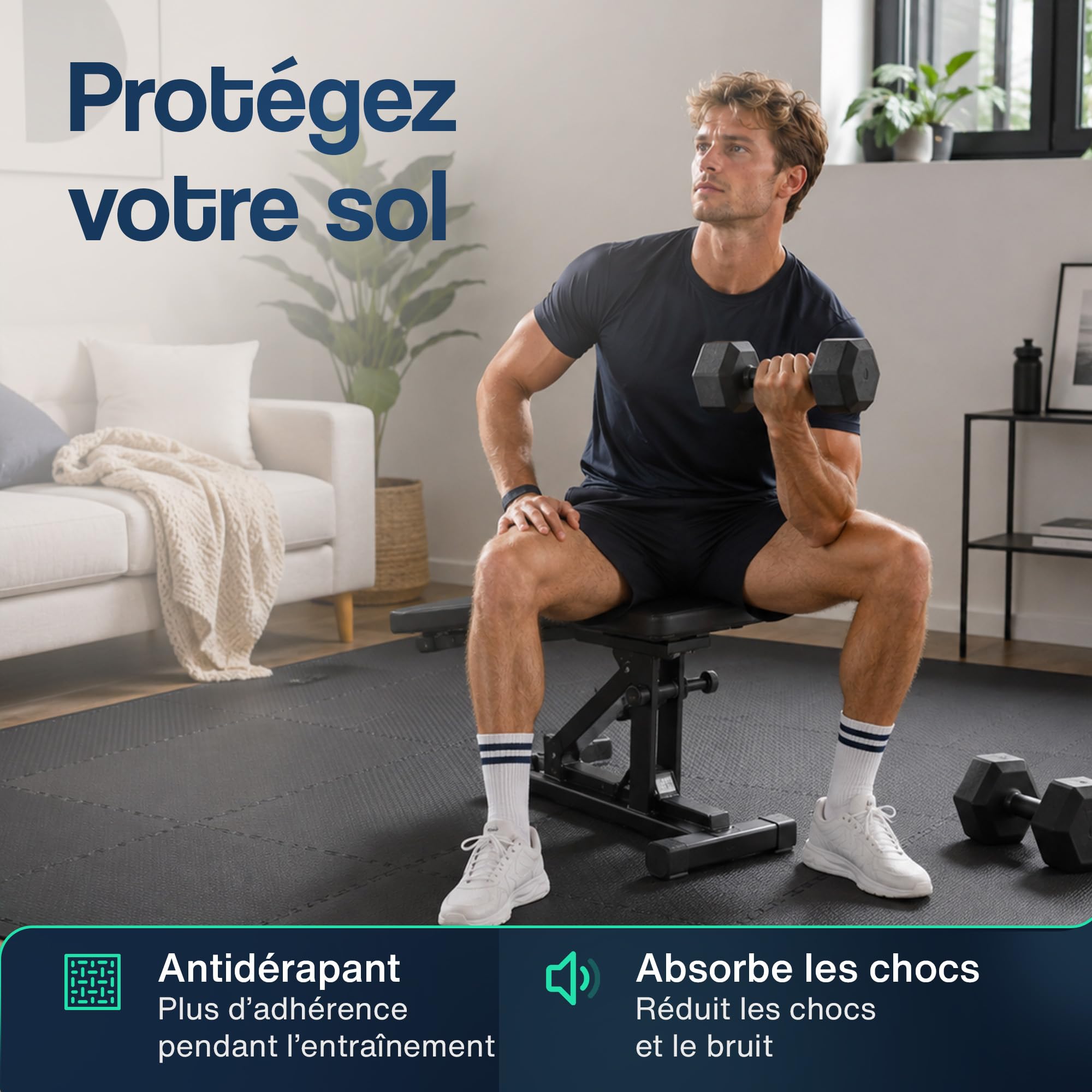 Hulser Tapis puzzle de fitness - 60 x 60 x 1,2 cm - Tapis de protection de sol pour salles de sport et maison - Pour appareils de fitness - d'entraînement