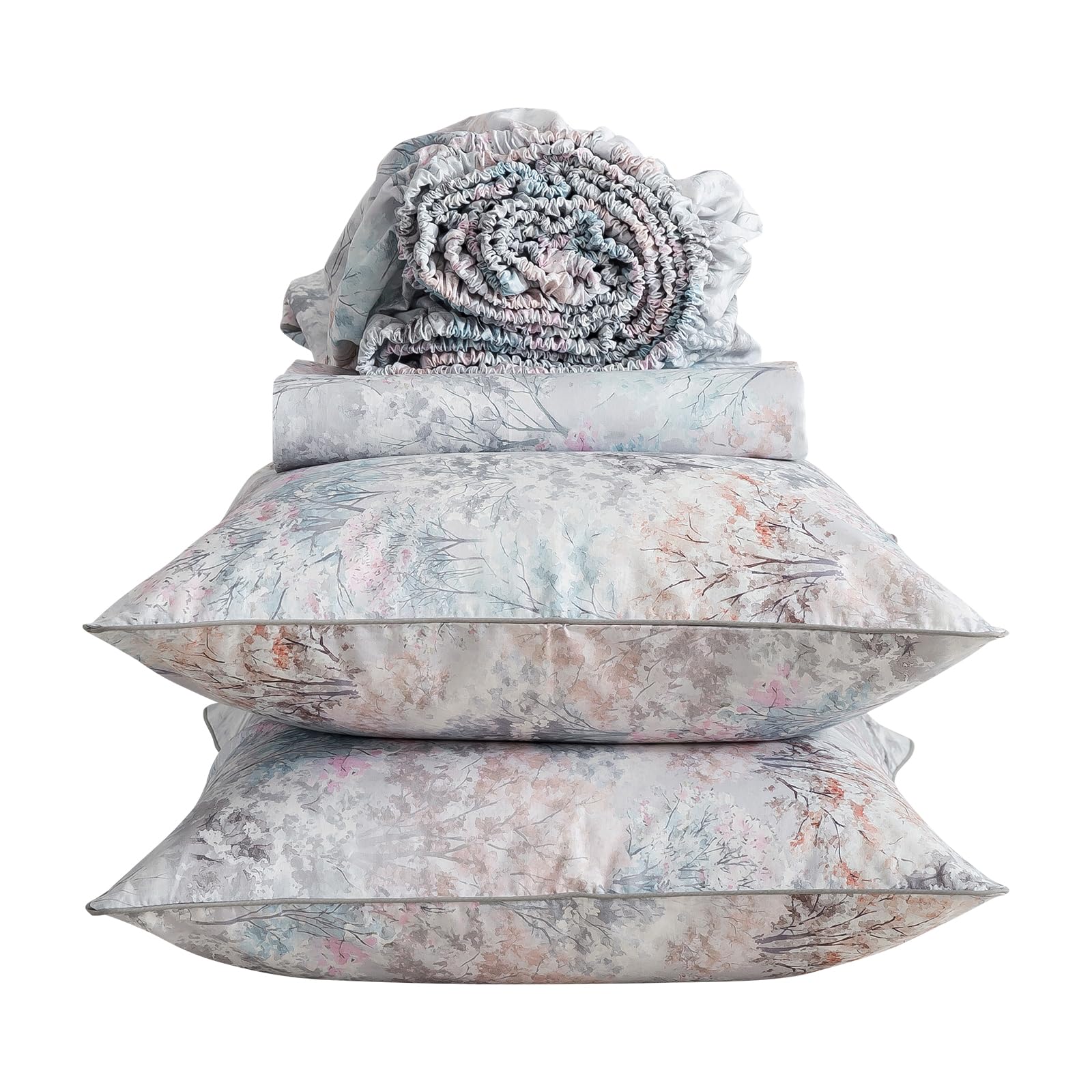 Shabby Tree Patterned Chic Percale Sheets King Size, 100% Cotton Toile Deep Pocket Vintage Sheet Set, Crisp Soft Grey Forest Aesthetic Bed Sheets, Luxury Farmhouse Bedding Sets, 4Pcs