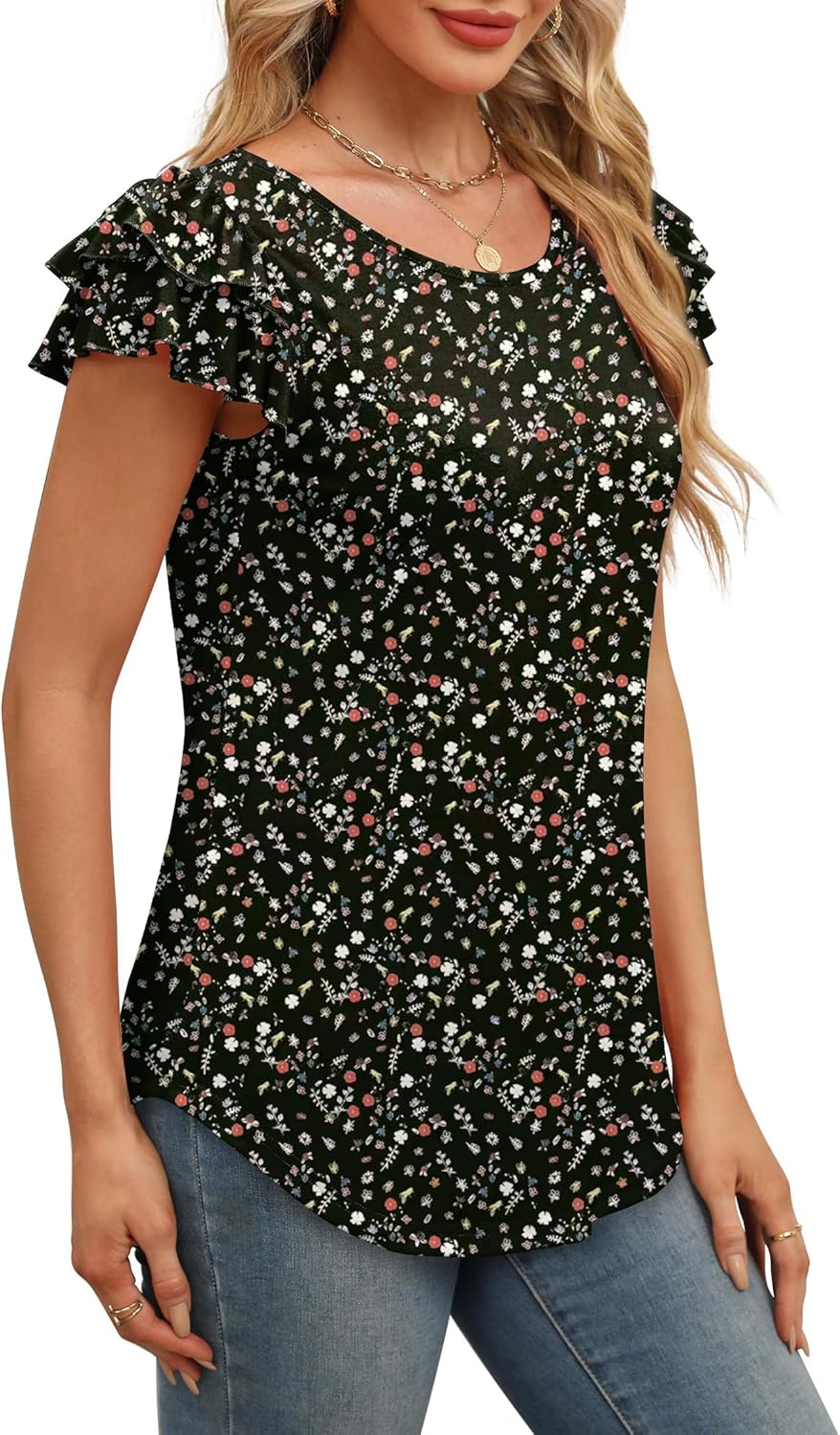 WEESO Womens T Shirts Ruffle Short Sleeve Summer Tops Cute Crew Neck Casual Blouses - Image 3