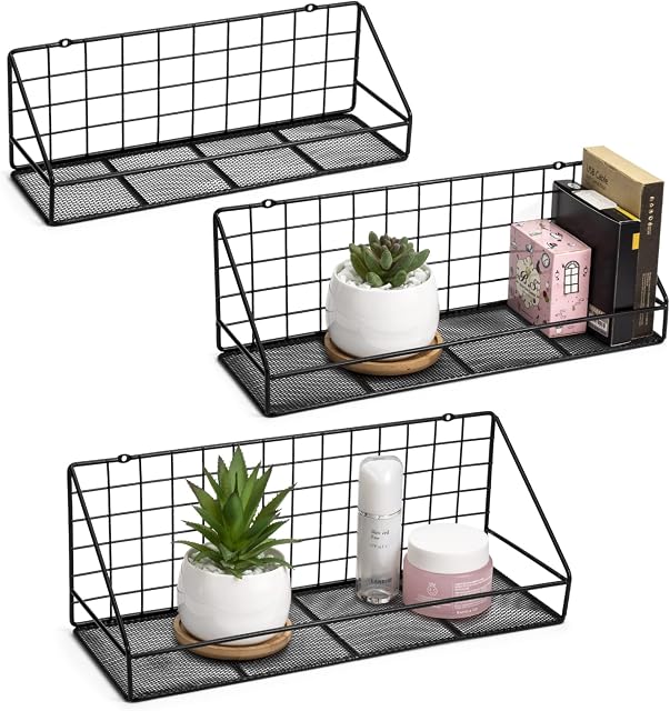 QIWODE Floating Shelves Wall Mounted Set of 3, Wall Storage Shelves for Bedroom, Living Room, Bathroom, Kitchen, Office and More Carbonized Black