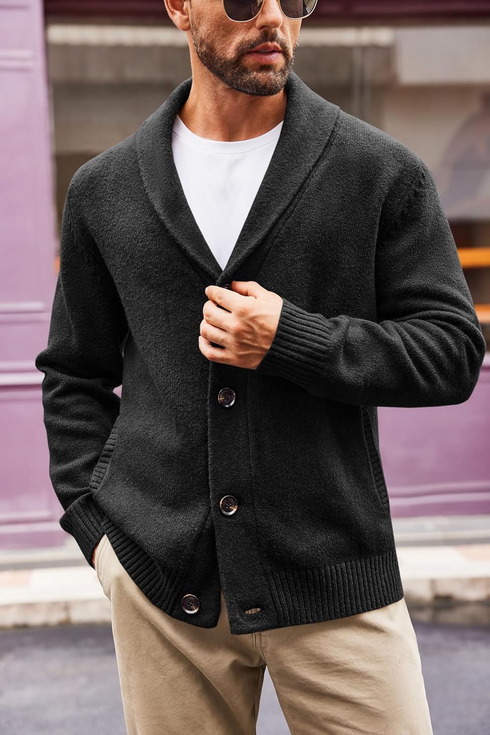 Runcati Mens Shawl Collar Cardigan Sweater Casual Button Down Winter Ribbed Chunky Knitted Sweaters - Image 3