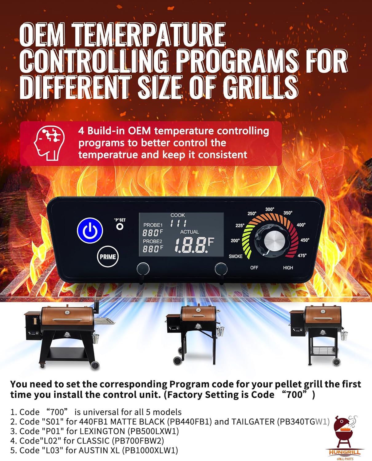 Trapezoid Upgraded Control Panel (AC03P7) Replacement for Pit Boss Copper Series Wood Pellet Grill Tailgater, Lexington, Classic, Matte Black, Austin XL (Excludes Onyx Edition), Come with 1 Hot Rod