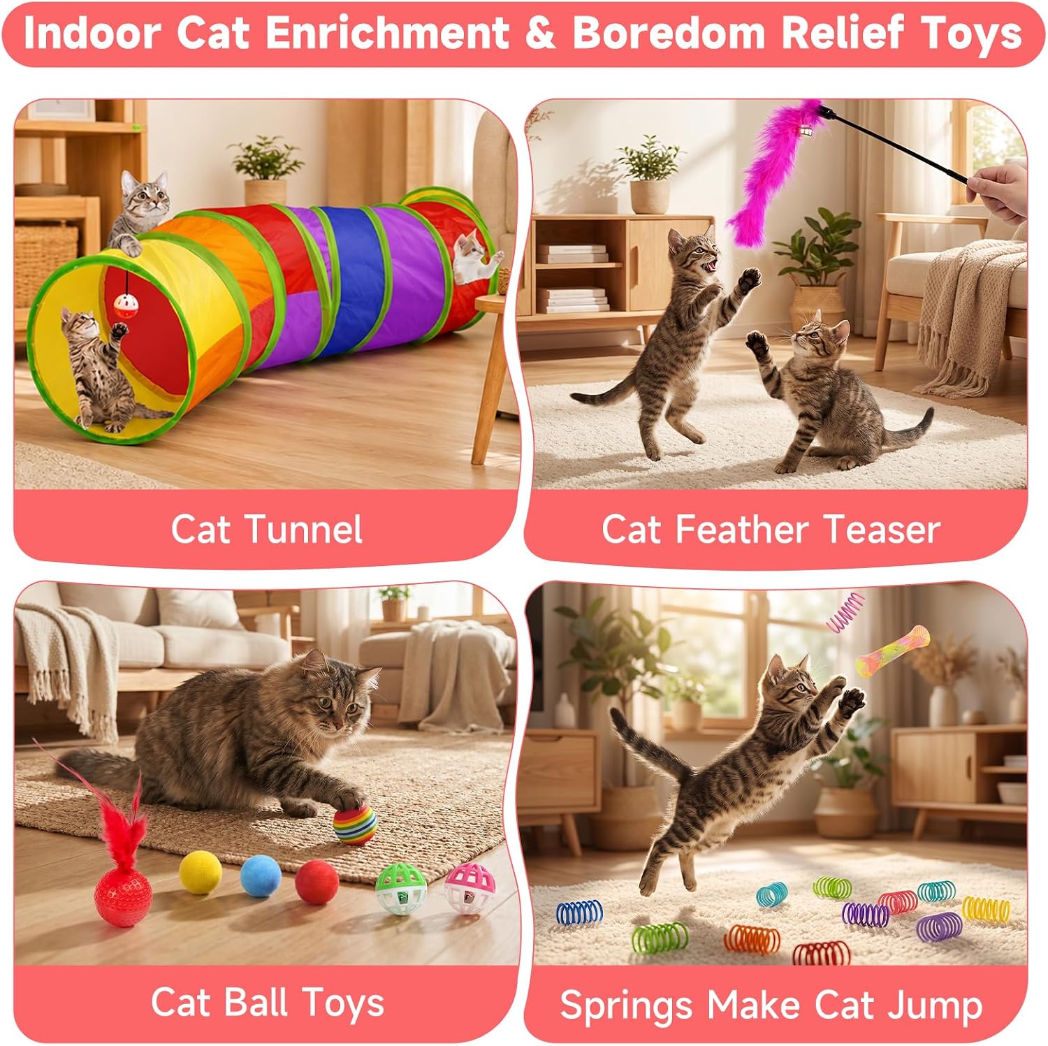 AILUKI 33PCS Cat Toys Variety Pack for Indoor Cats, Kitten Toys Cat Tunnel | Kitten Toys for Indoor Kittens Cat Toy Bundle Set with Feather Teaser Wand, Springs Balls Bell Mice & Interactive Cat Toys