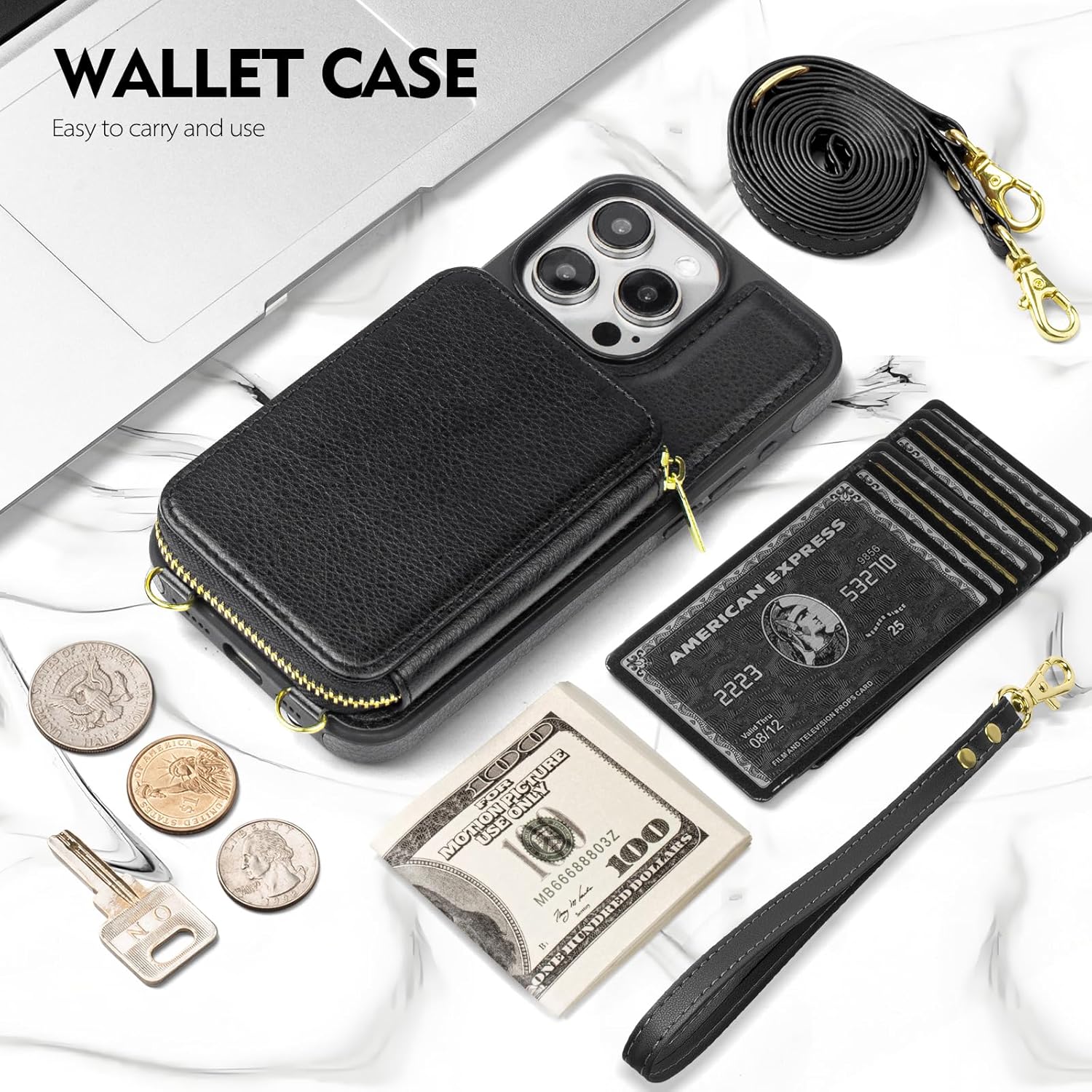 Compatible with iPhone 13 Pro Max Wallet Case for Women【RFID Blocking】 Crossbody Phone Case PU Leather Zipper Handbag Wrist Strap Cover Credit Card Holder,for Apple 13 Pro Max,Black - Image 4