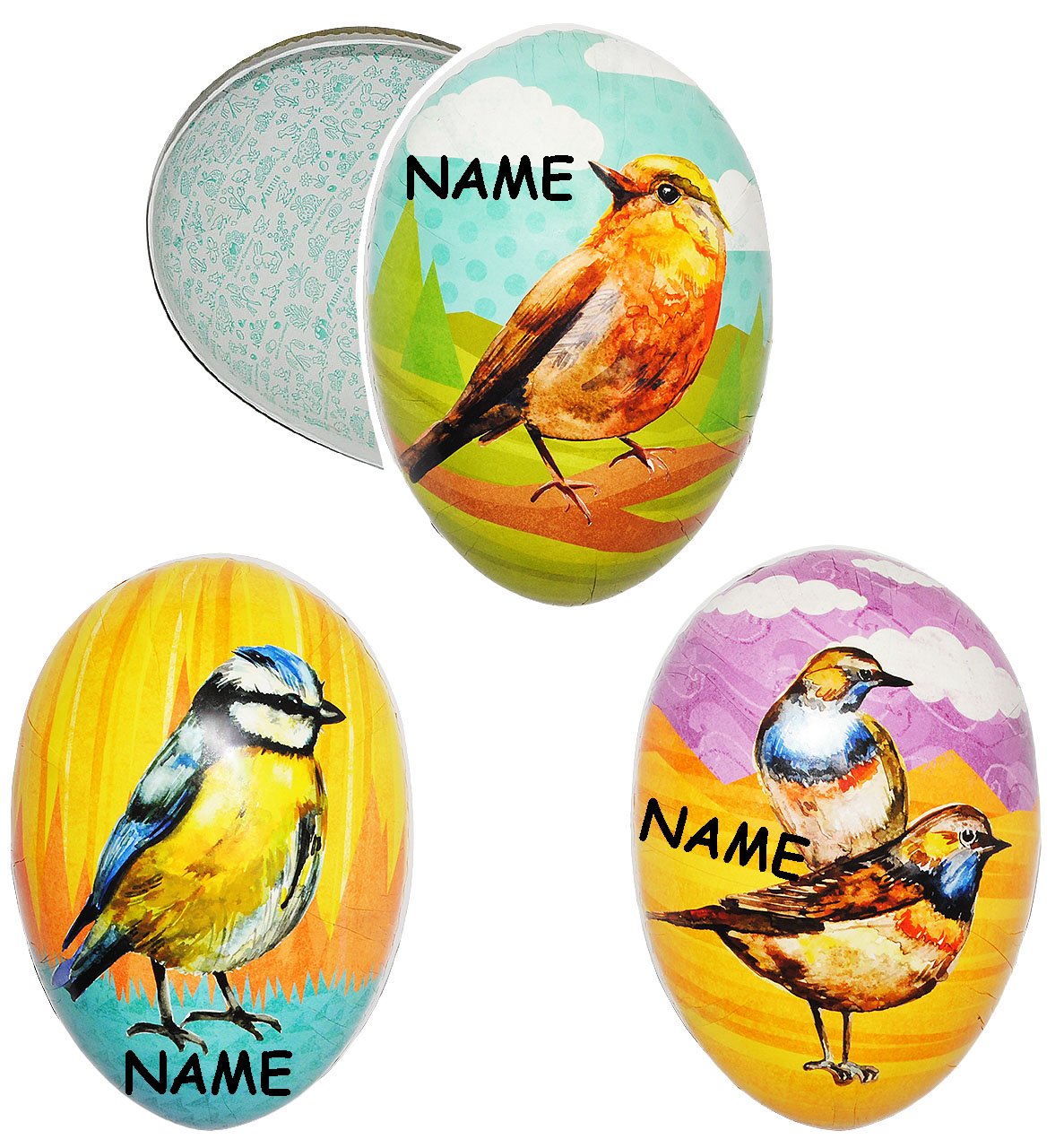 alles-meine.de GmbH Set Ostergras & 10 Füll - Pappeier 15 cm - Vögel - Frühlingsboten - Osterei/Ei zum befüllen - Deko Pappe Papp Pappeier Dekoei Pappostereier Füllen - O..