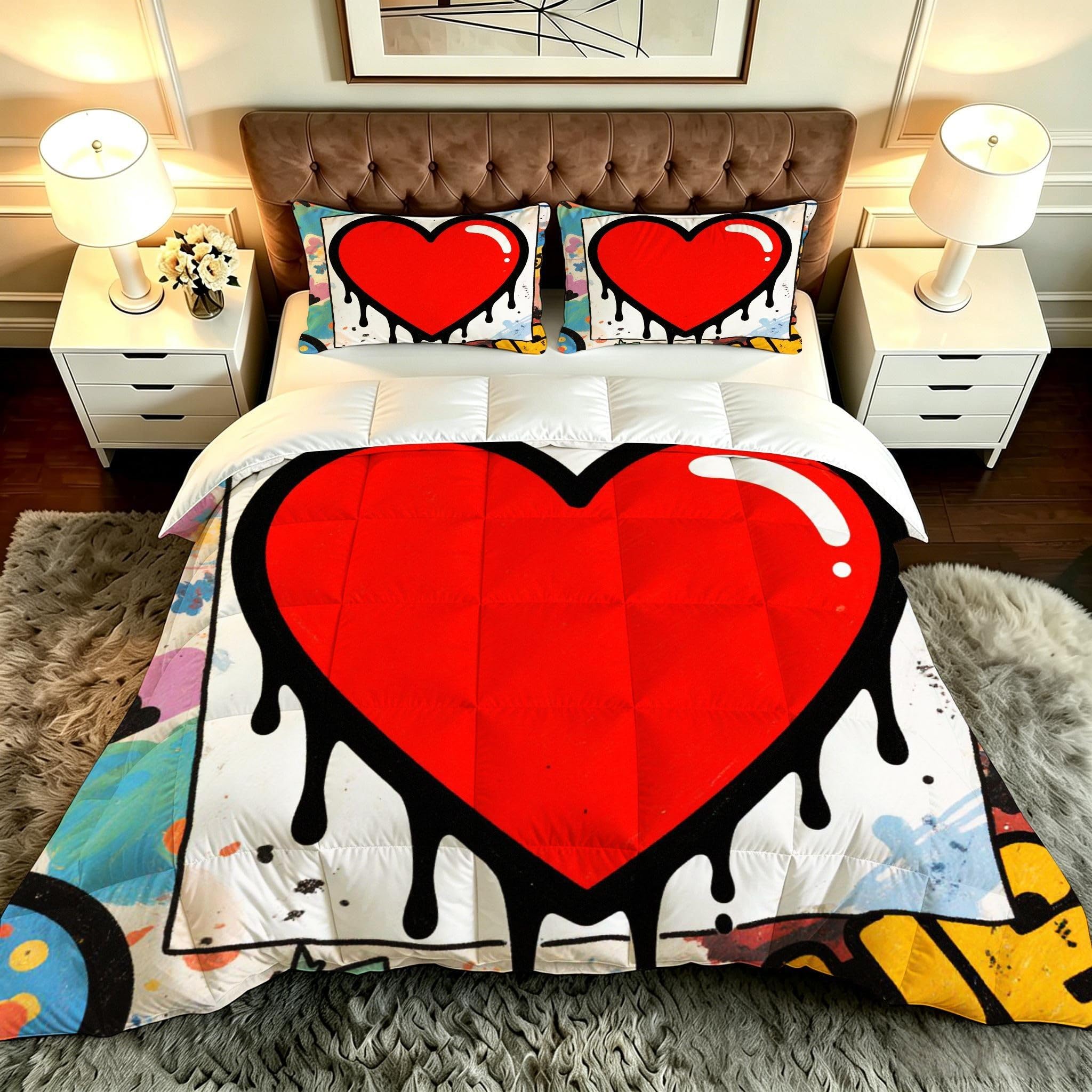 Couette 200x200 cm cœur gribouillage avec 2 taies d'oreiller