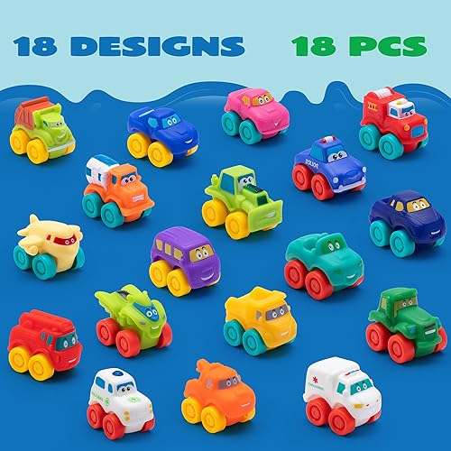 Miniatura 5 de JOYIN Juego de 18 autos de tracción hacia atrás y 18 piezas de juguete de goma suave, mini vehículos de juguete, auto para niños pequeños, recuerdos