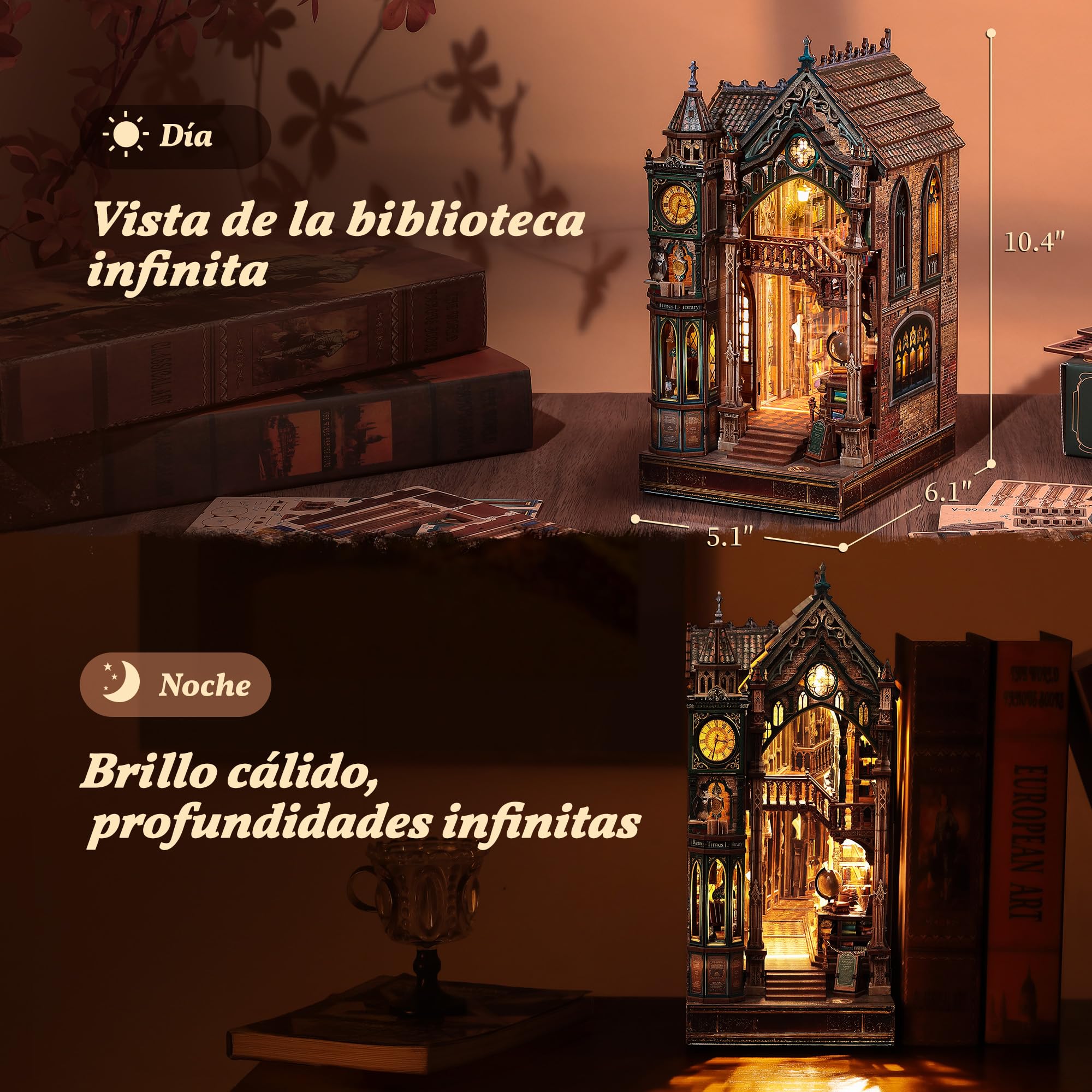 FUNPOLA Magic Library Book Nook Kit – Puzzle 3D de Madera con Espejo Infinito LED – Decoración DIY para estantería, Miniatura Creativa para niños y Adultos (Páginas susurrantes)