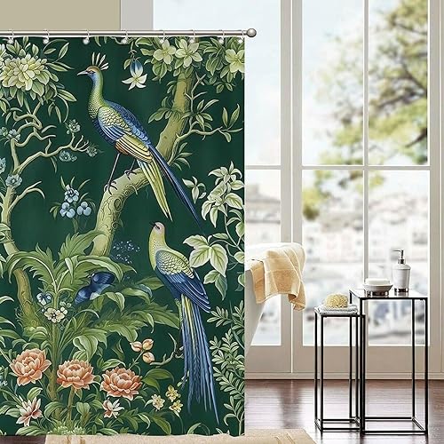 Miniatura 401 de Cortinas de ducha de baño con ganchos, 72 x 92 pulgadas, cortina de ducha de tela impermeable con diseño de flores y pájaros, cortina de ducha