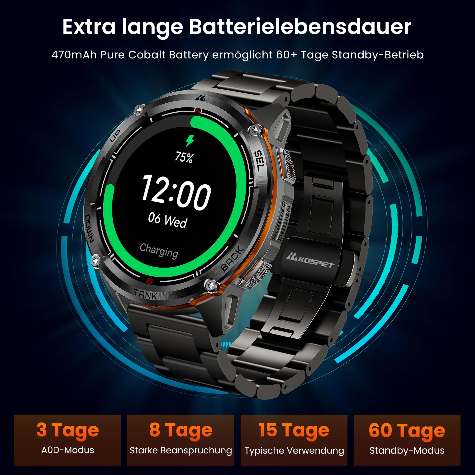 KOSPET TANK T3 ULTRA 2 Smartwatch Uomo Rugged Con GPS, Schermo AMOLED 1,43" | Autonomia 15 Giorni, Impermeabile 5ATM e IP69K, 170+ Modalità Sportive, Compatibile Android & iPhone Doppie cinghie