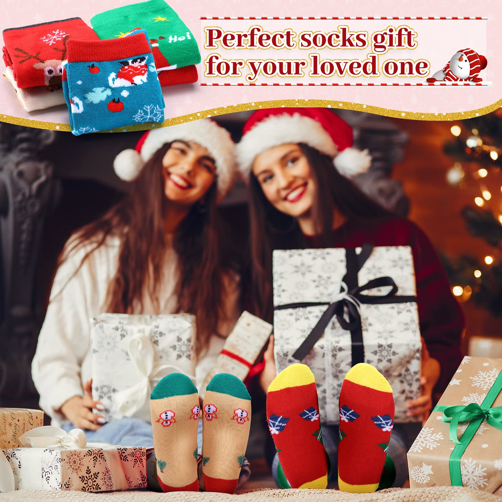 Handepo 24 Paar warme weiche Weihnachtssocken Xmas Crew Urlaub Socken Bunte Festliche Socken für Jugendliche Frauen Neuheit