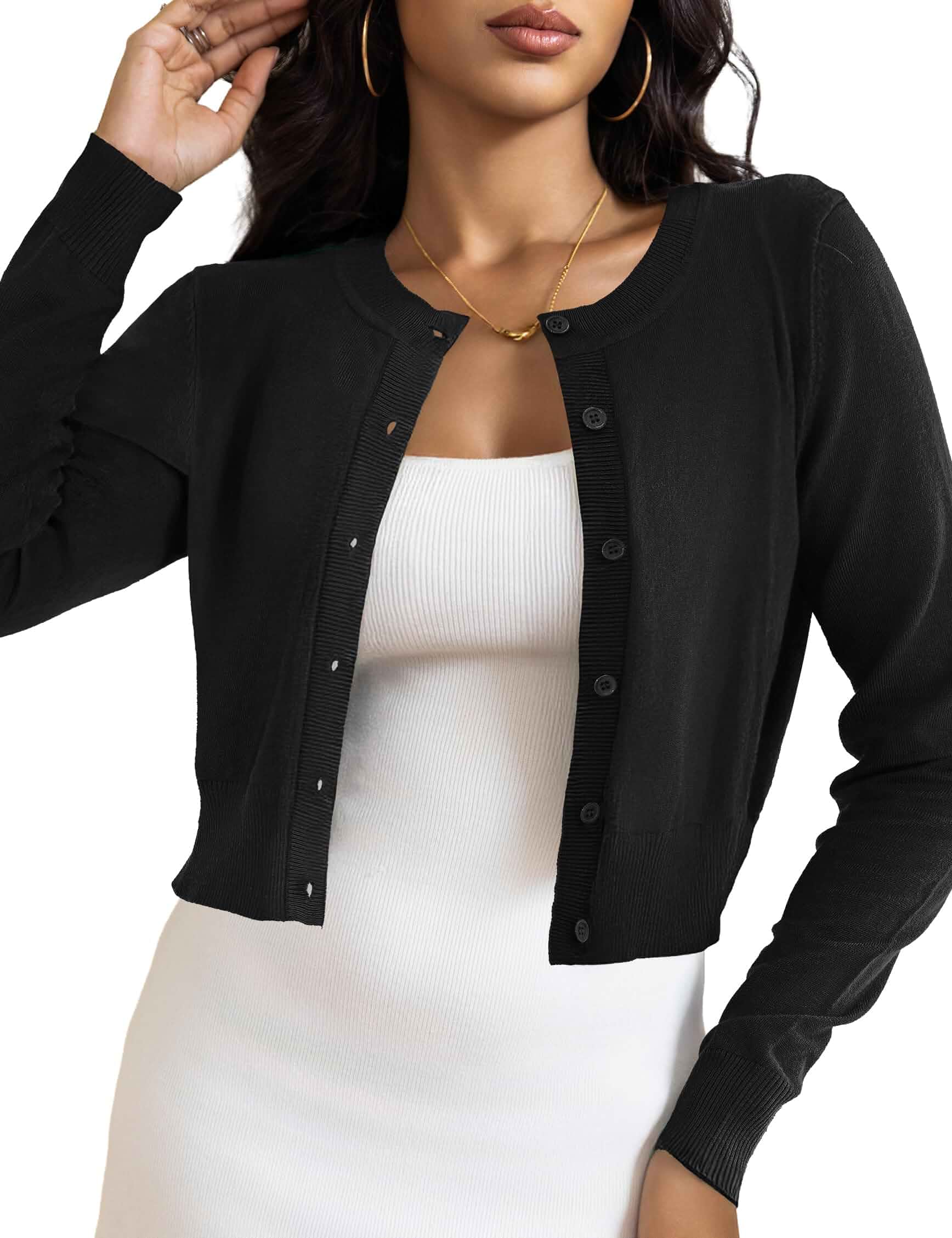 LETDIOSTO Women's Cropped Cardigan Bolero Shrug, Button Down Long Sleeve Soft stretch knit, ribbed crew neck, button front, long sleeves, cropped fit, layer for dresses and jeans