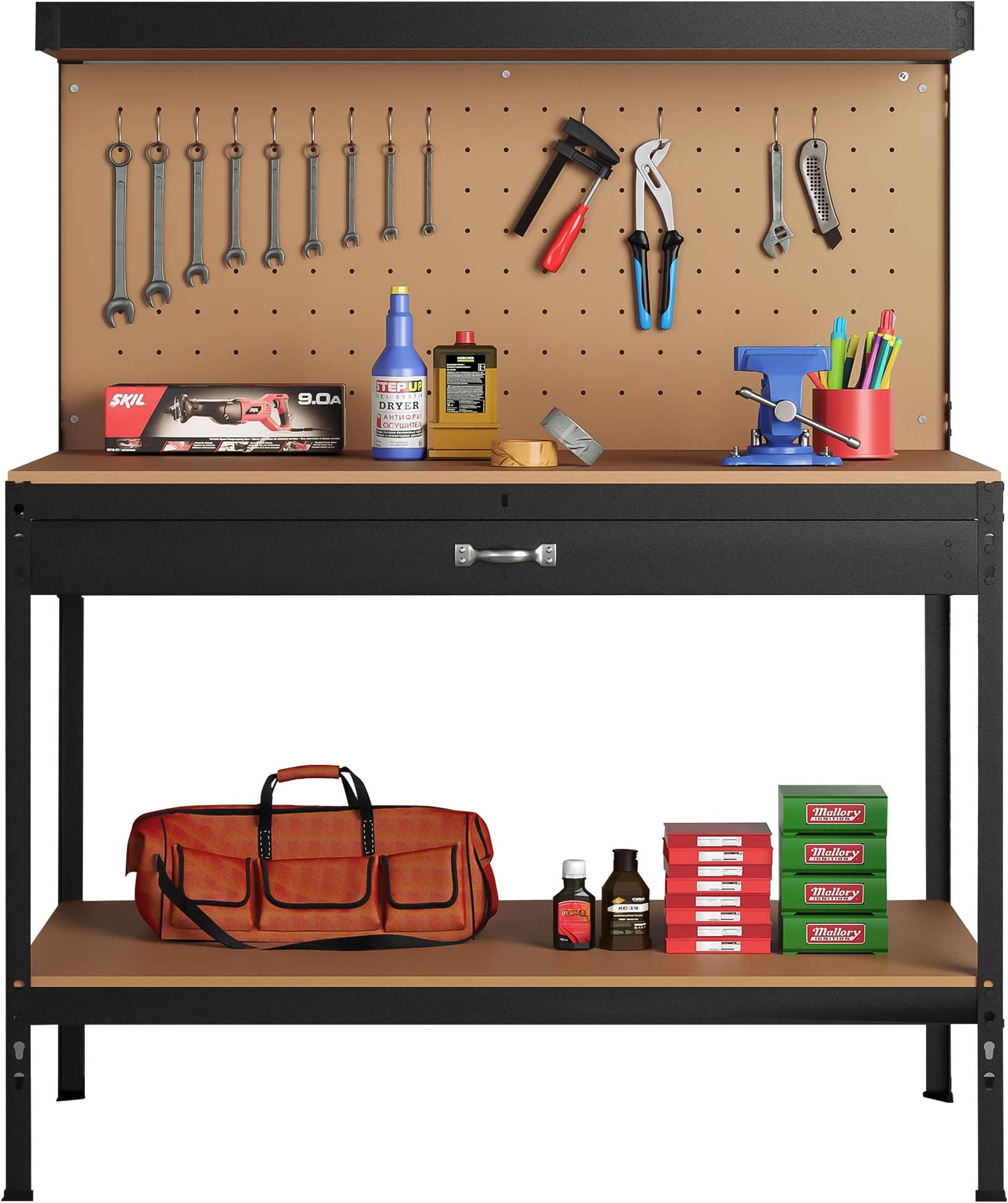 Steel Garage Work Bench Workbench Storage With Drawers Pegboard and 12 Pegs Tool Box Shelf Boltless DIY Workshop Station For Sheds Heavy Duty 500kg Capacity, Black
