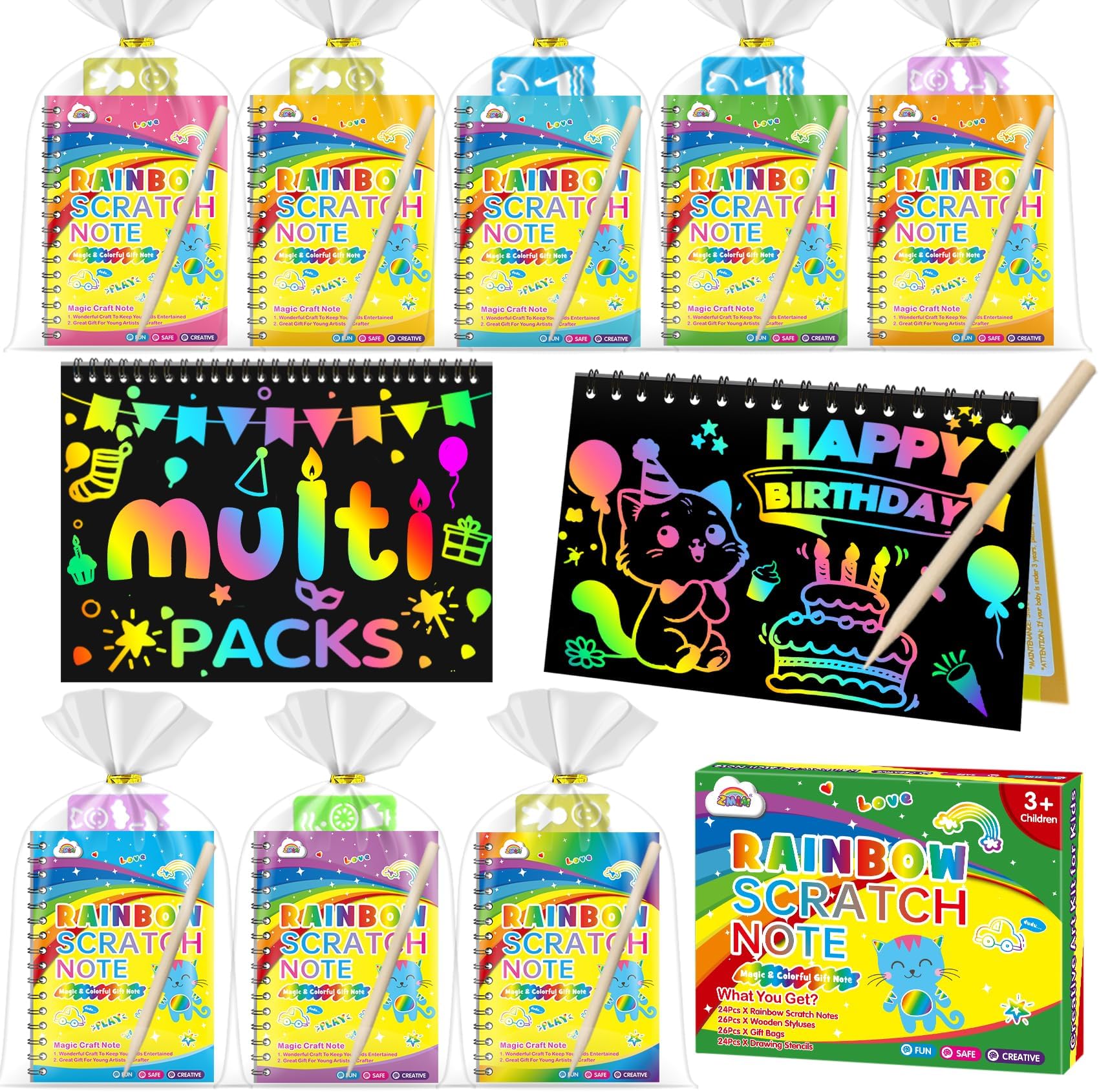 Zmlm Rainbow Scratch Party Favors Kids: Birthday Gifts Toy Bulk Art Notebook 24 Pack Paper Favor Girls Boys Craft Kit Pads Classroom Prizes