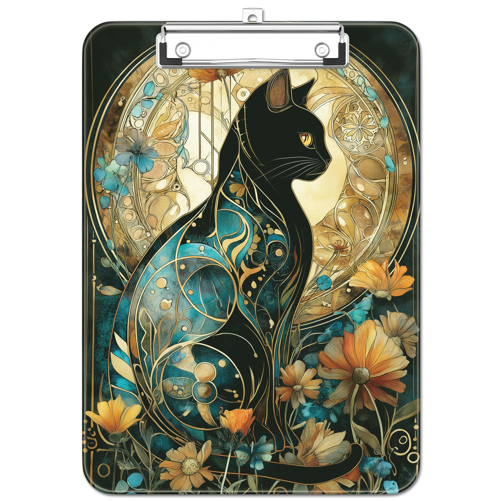 Luminzo Plastic Cute Clipboard, Low-Profile Metal Clip, A4 Letter Size 9 x 12.5 in, 8.5 x 11 Paper Clip Board for Teachers, Nurses, Classroom, Flowered Glass Cat