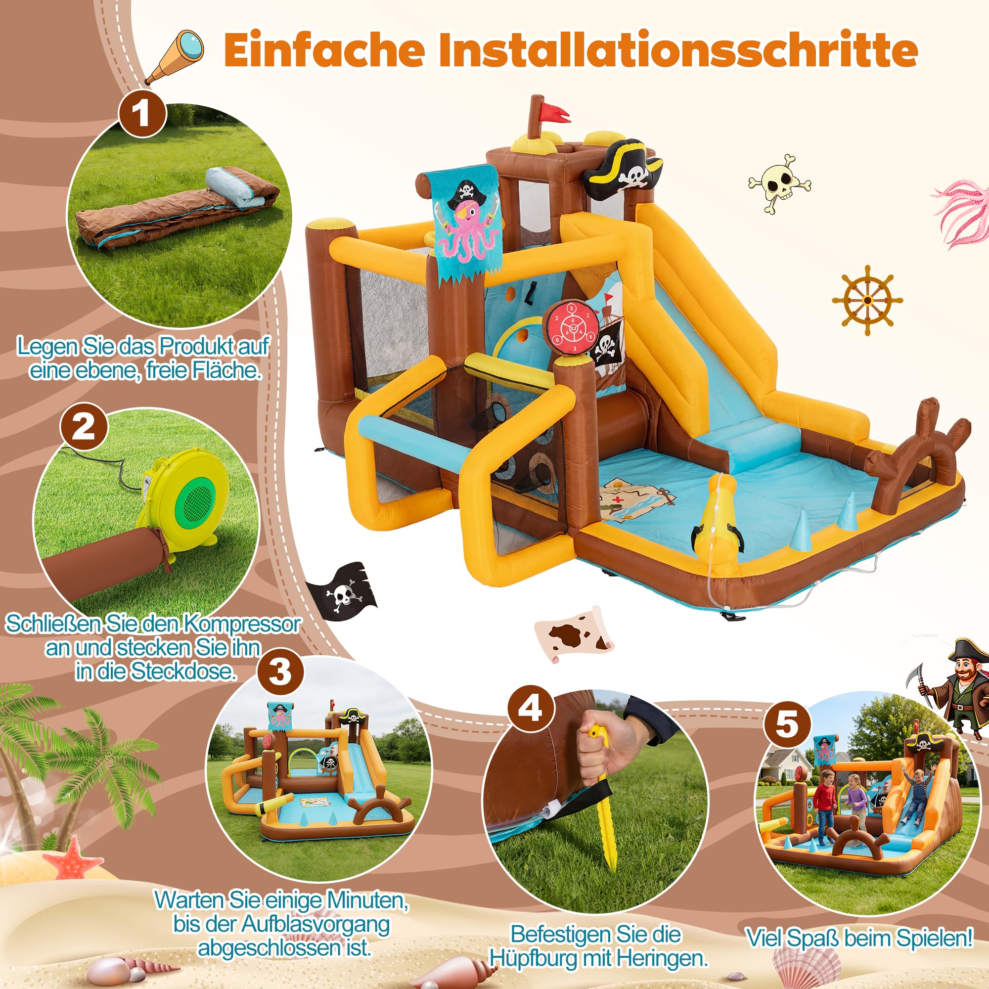 UEV Aufblasbarer Hüpfburg mit Gebläse, Geeignet für 3 bis 8 Jahre | Hüpfburg Indoor Kinder, Wasserspielcenter mit Trocken/Wasserrutsche Planschbecken Kletterwand Sprung und Basketballkorb