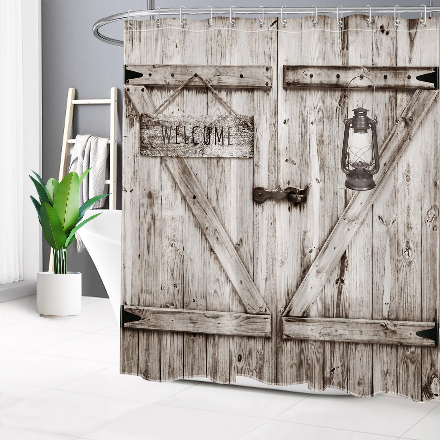 LB Tenda Doccia In Poliestere Grigio Legno 150x180 Cm – Effetto Rustico Porta Fienile, Antimuffa Con Ganci Inclusi