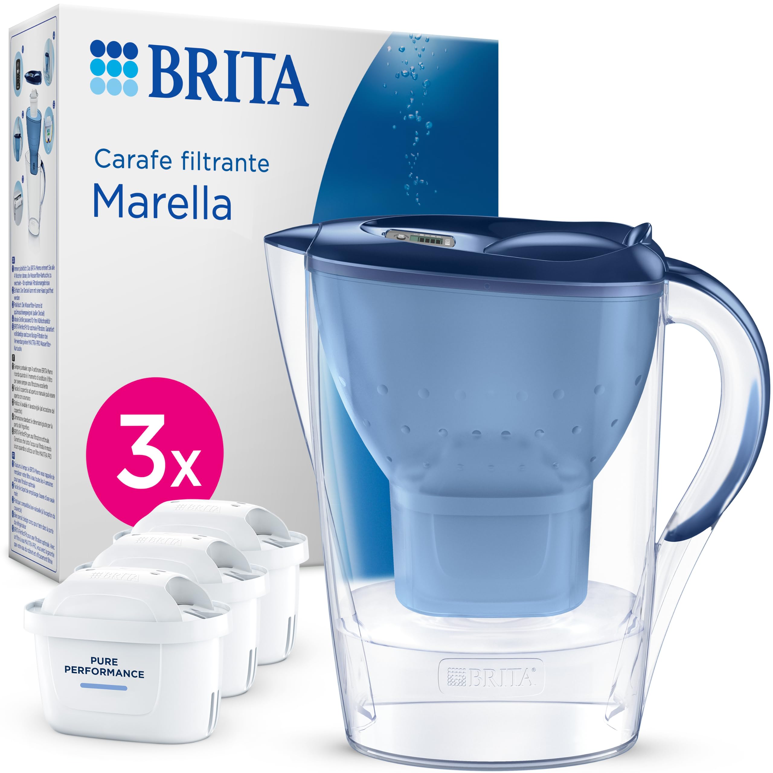 BRITA caraffa filtrante MAXTRA Marella, 3x filtri acqua Pure Performance | Blu (2.4L) caraffa adatta alla porta frigo con memo digitale e coperchio flip, riduce PFAS, cloro, metalli e altro (SmartBox)