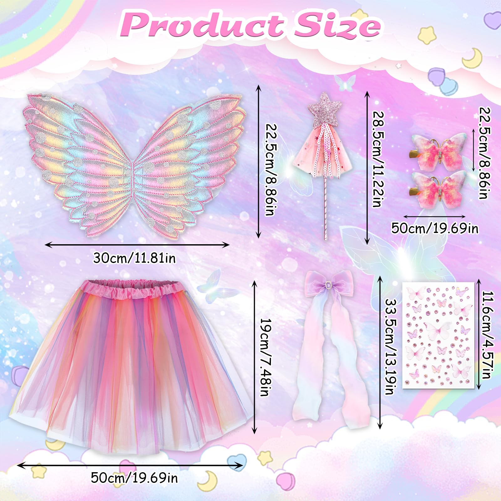 Xerteam 7 Pcs Fairy Costume Set for Girls Butterfly Wings Costume Set including wings Ballet Tutu Skirt Wand Hairpin Butterfly Stickers - Image 2